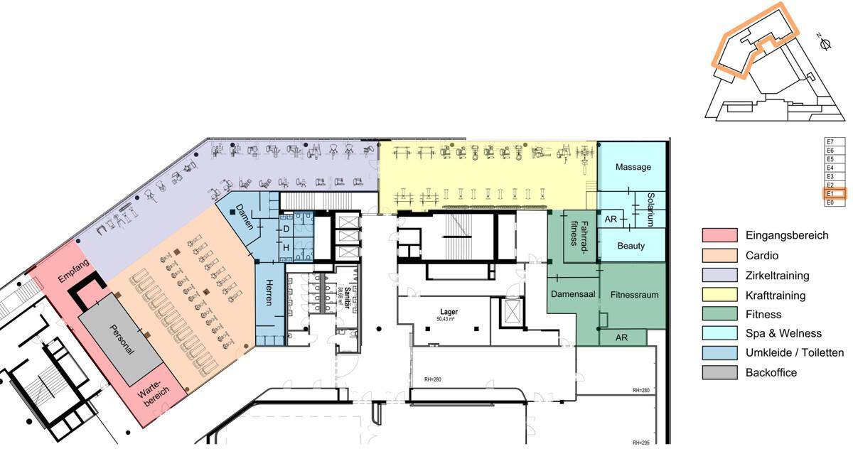 Detaillierter Grundriss eines Fitness- und Wellnessbereichs mit verschiedenen funktionalen Zonen und Legende.