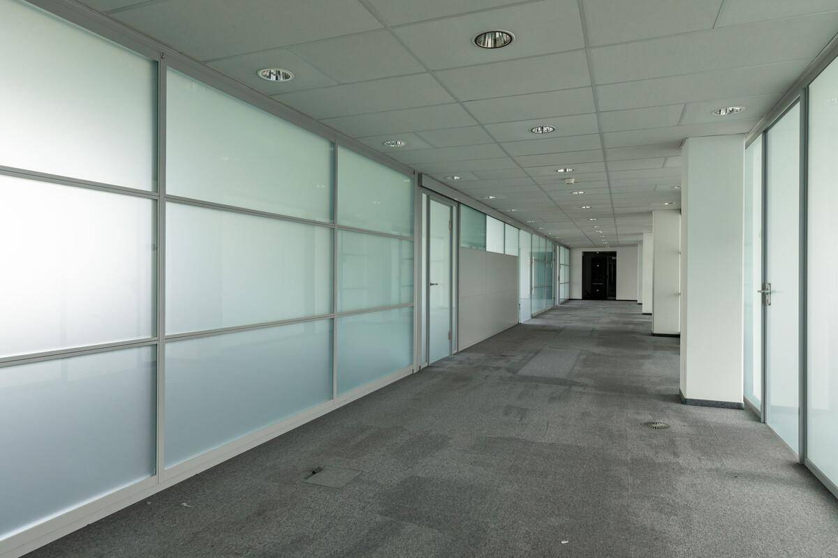 Moderner Büroflur mit Teppichboden und Wänden aus Milchglas, die Büros abtrennen, unter Deckenbeleuchtung.