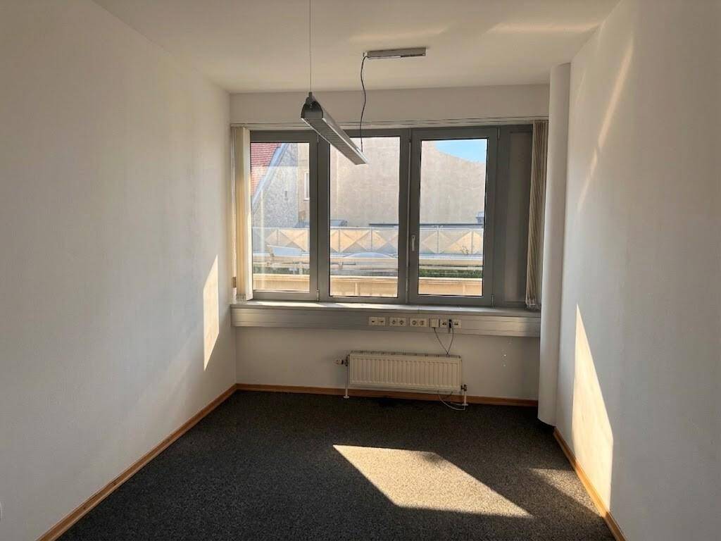 Leeres Büro mit Teppichboden, großen Fenstern, Heizkörpern und viel natürlichem Licht.
