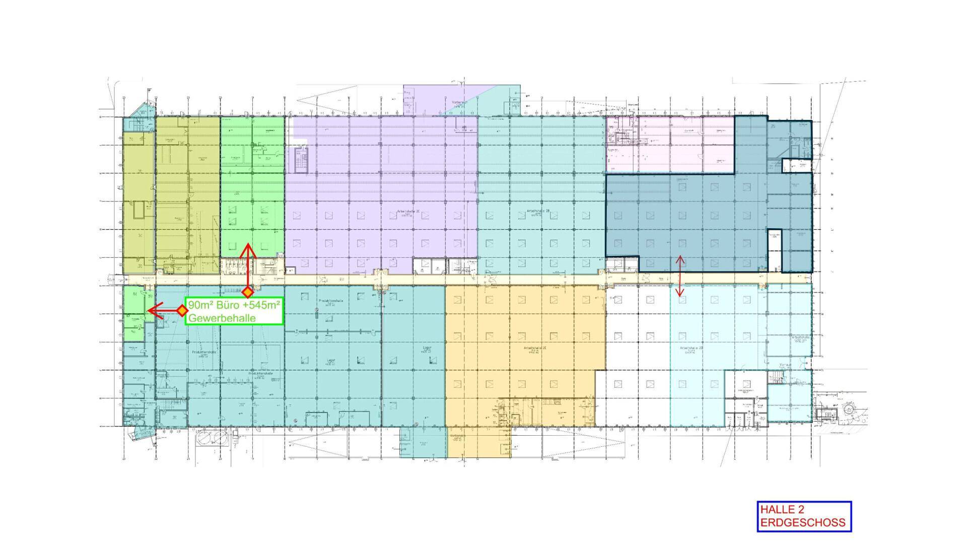 Grundriss der Halle 2 im Erdgeschoss mit farblich markierten, flexiblen Nutzungsbereichen.