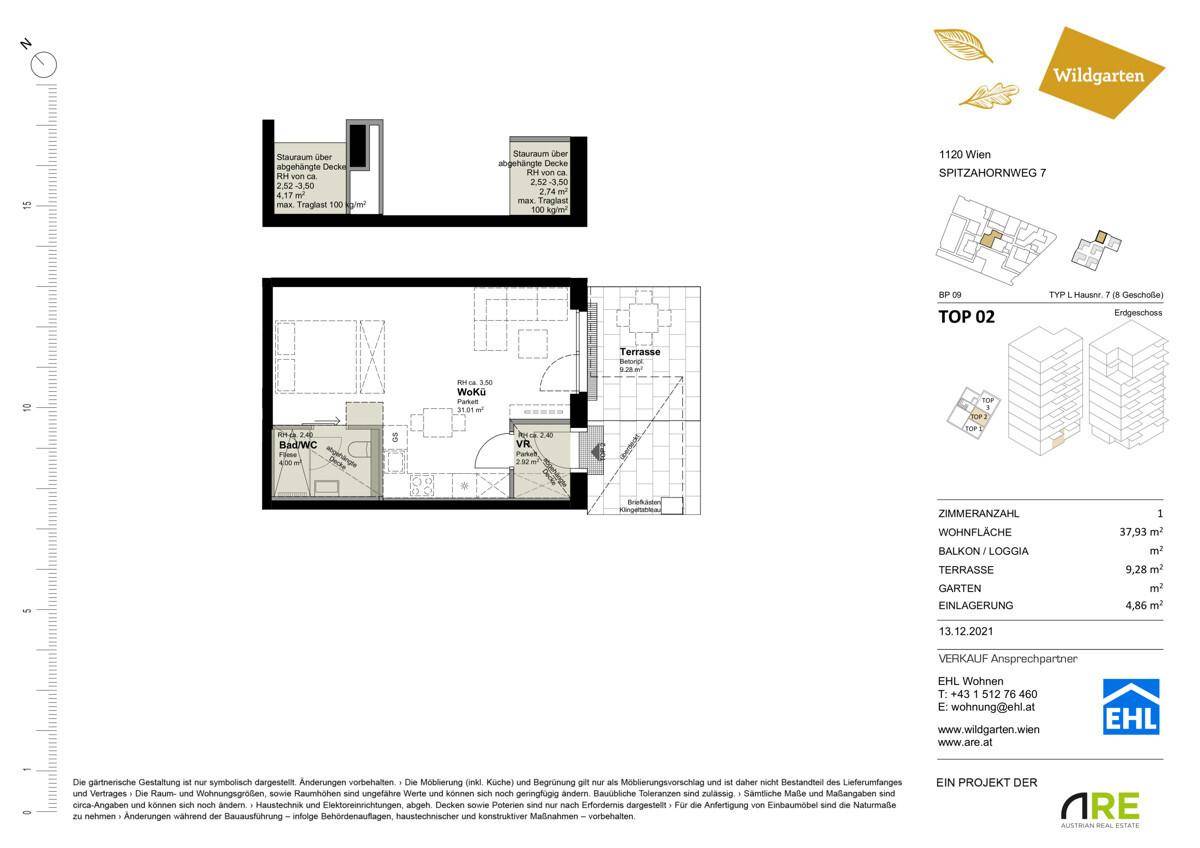 Grundriss einer kompakten Wohnung mit Wohnküche, Schlafzimmer und einer kleinen Terrasse.
