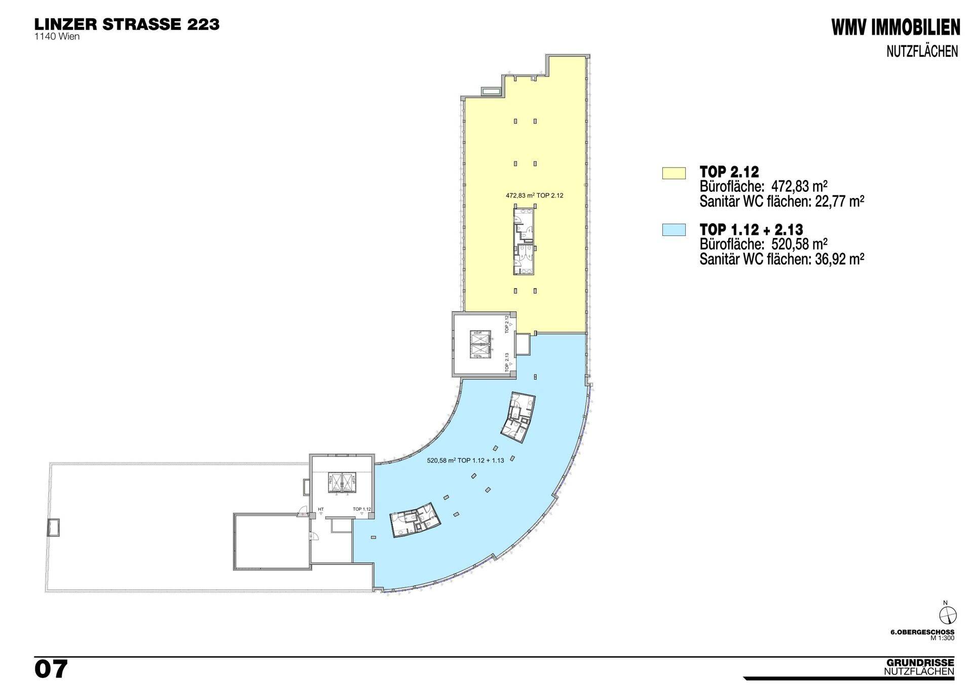 Grundrissplan eines Bürogebäudes mit zwei separaten Einheiten, die Nutzflächen und Sanitärbereiche detailliert darstellen.