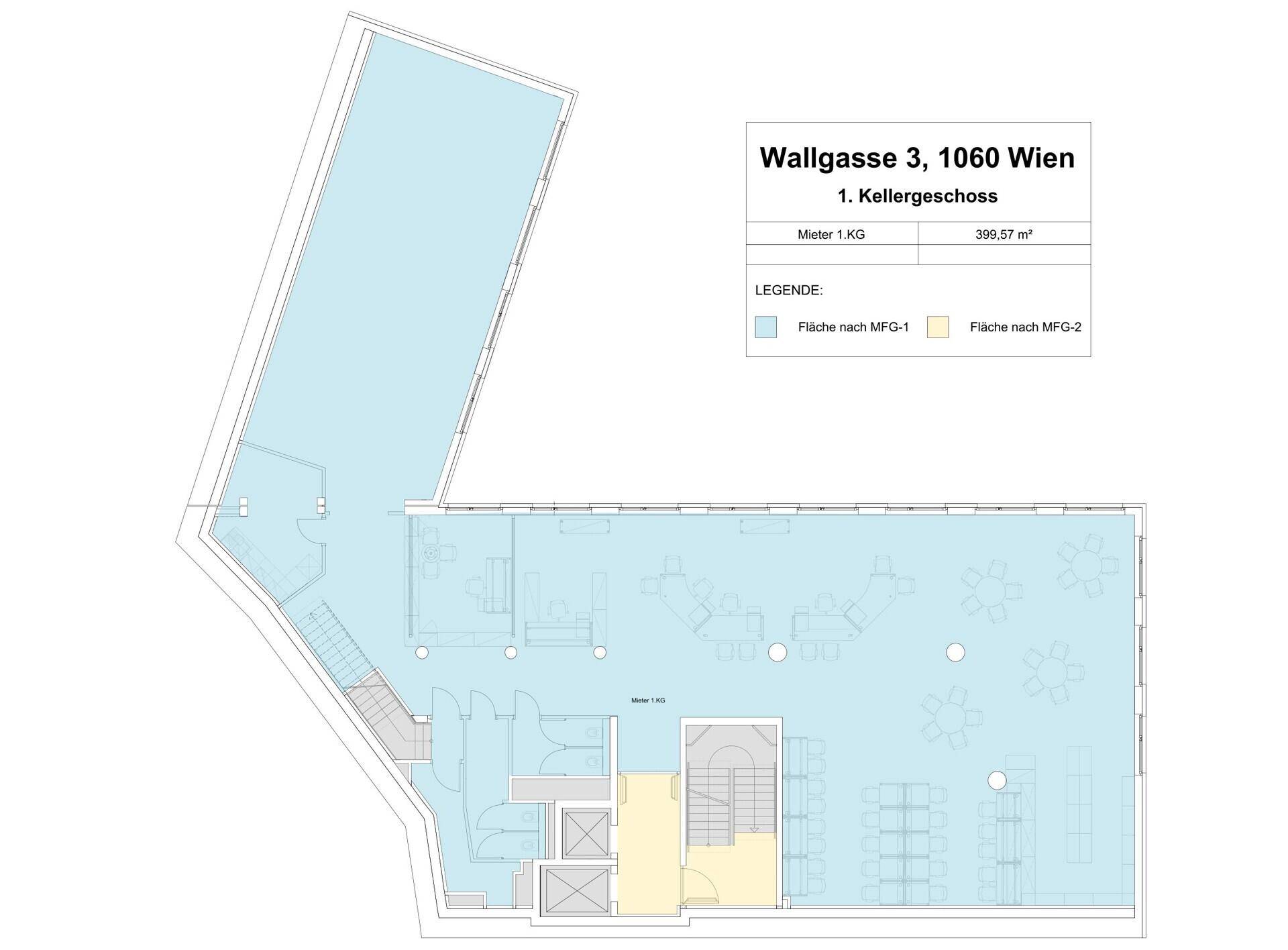 Grundriss des 1. Kellergeschosses eines Gebäudes in Wien mit verschiedenen Nutzflächen.
