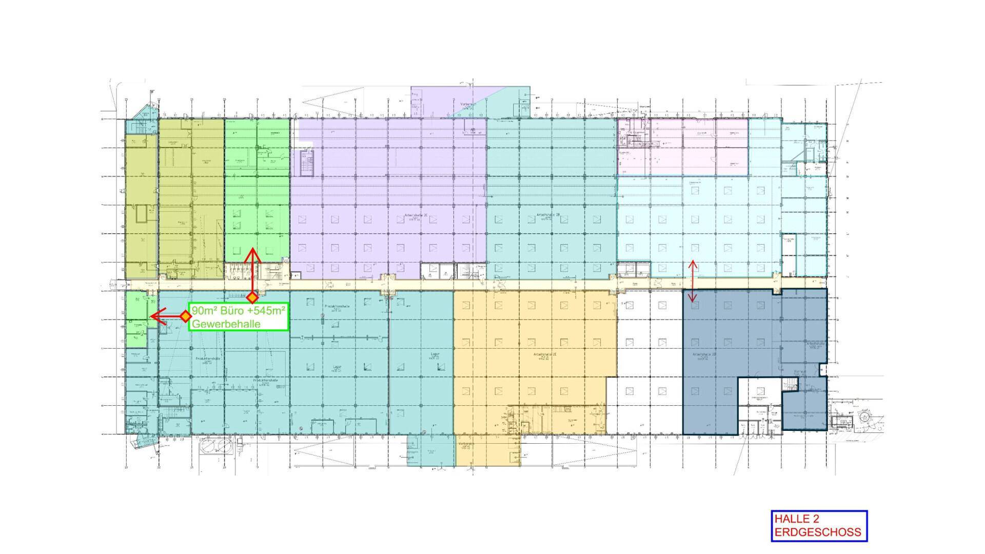 Detaillierter Grundriss des Erdgeschosses von Halle 2 mit farblich gekennzeichneten Nutzungsbereichen.