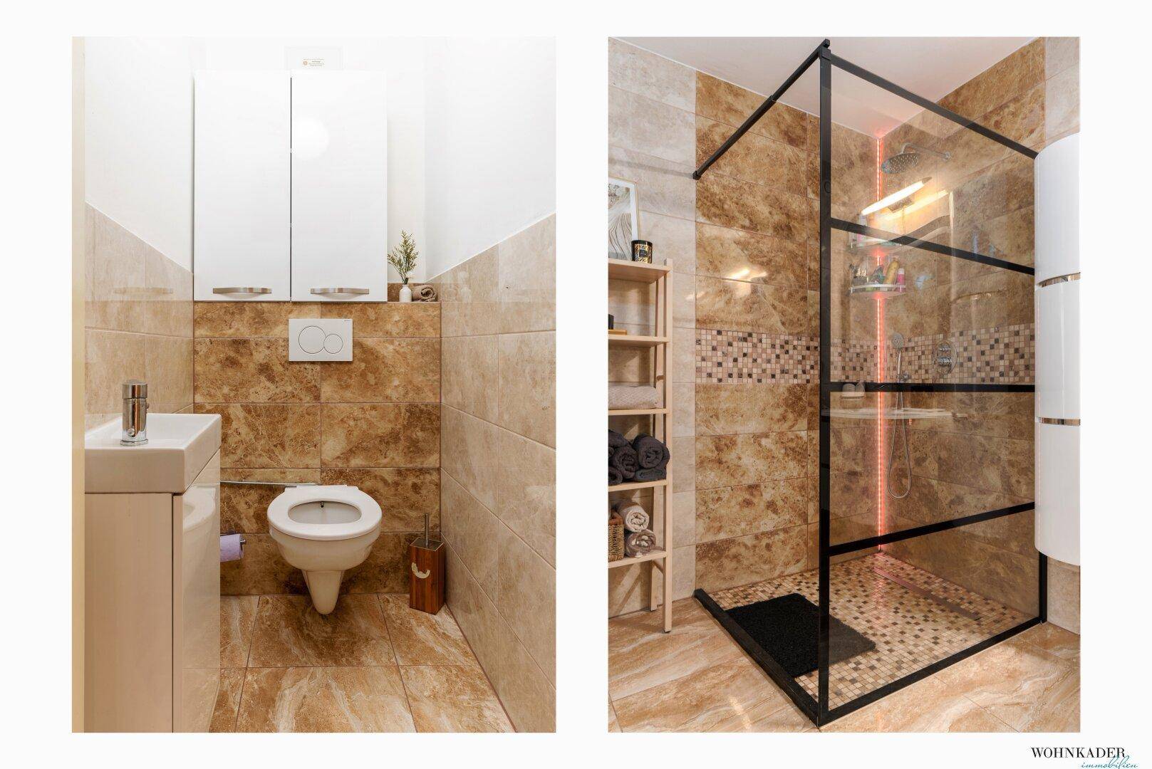 Collage aus einem Gäste-WC und einem modernen Badezimmer mit begehbarer Dusche.