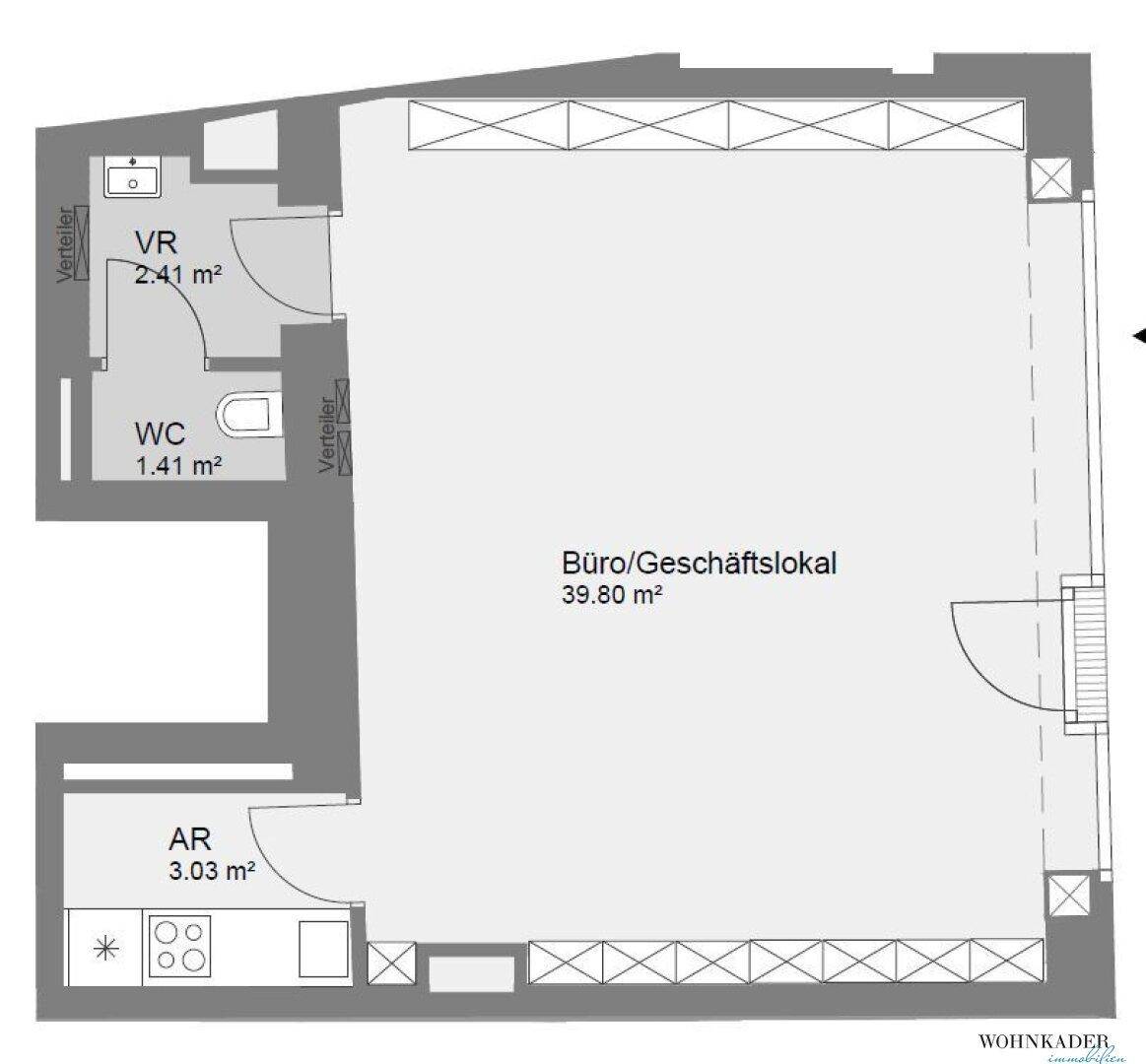 Grundriss eines Geschäftslokals mit offenem Hauptbereich, separater Toilette und kleiner Küchenzeile.