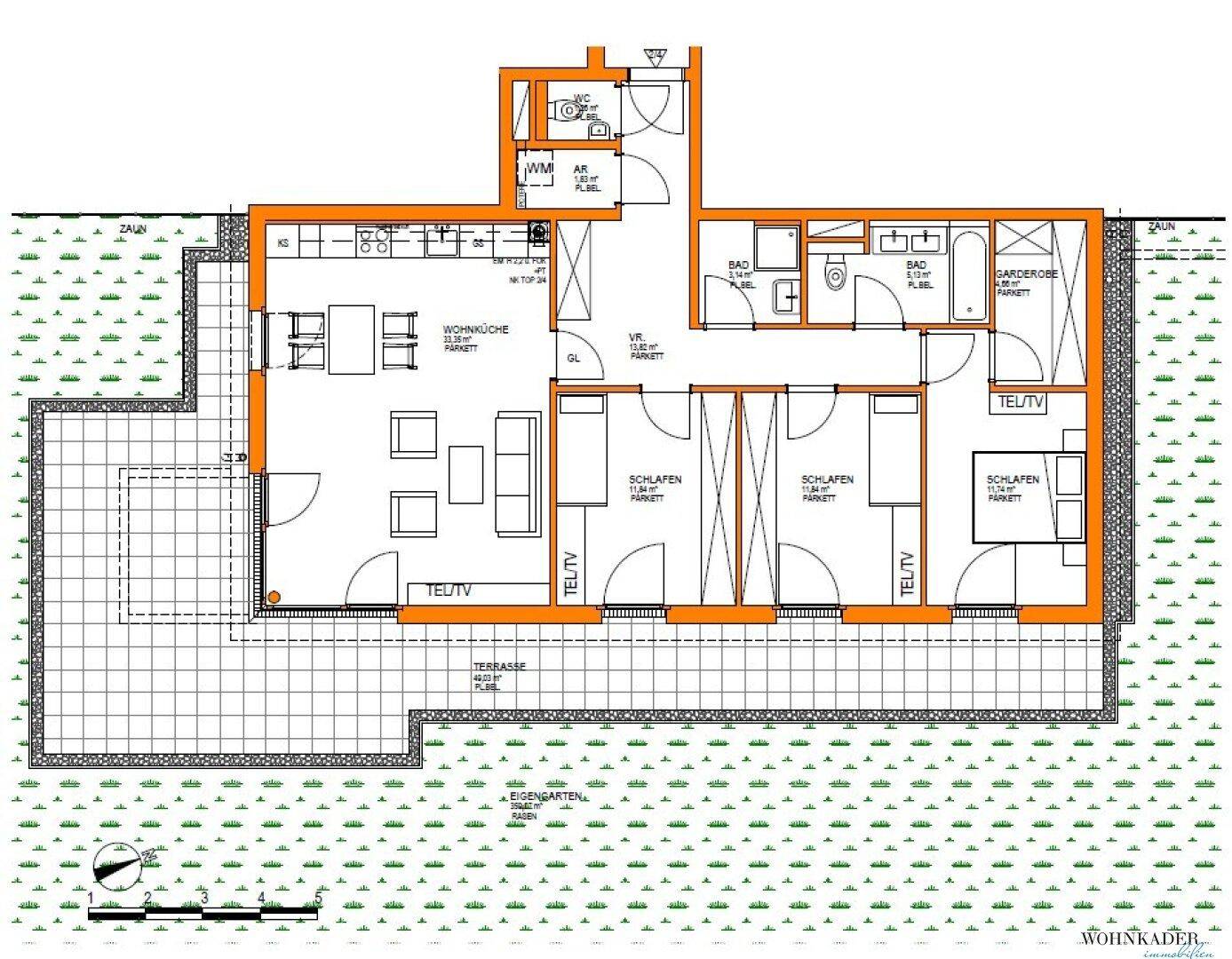 Detaillierter Grundriss einer Wohnung mit Terrasse, Garten und mehreren Schlafzimmern.