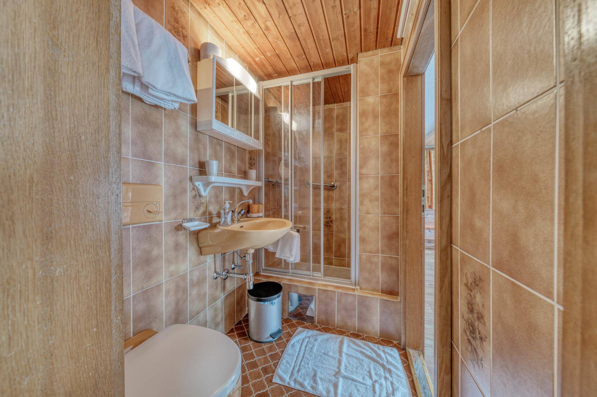 Badezimmer mit Duschkabine, Waschbecken und Toilette, braune Fliesen und Holzdecke.
