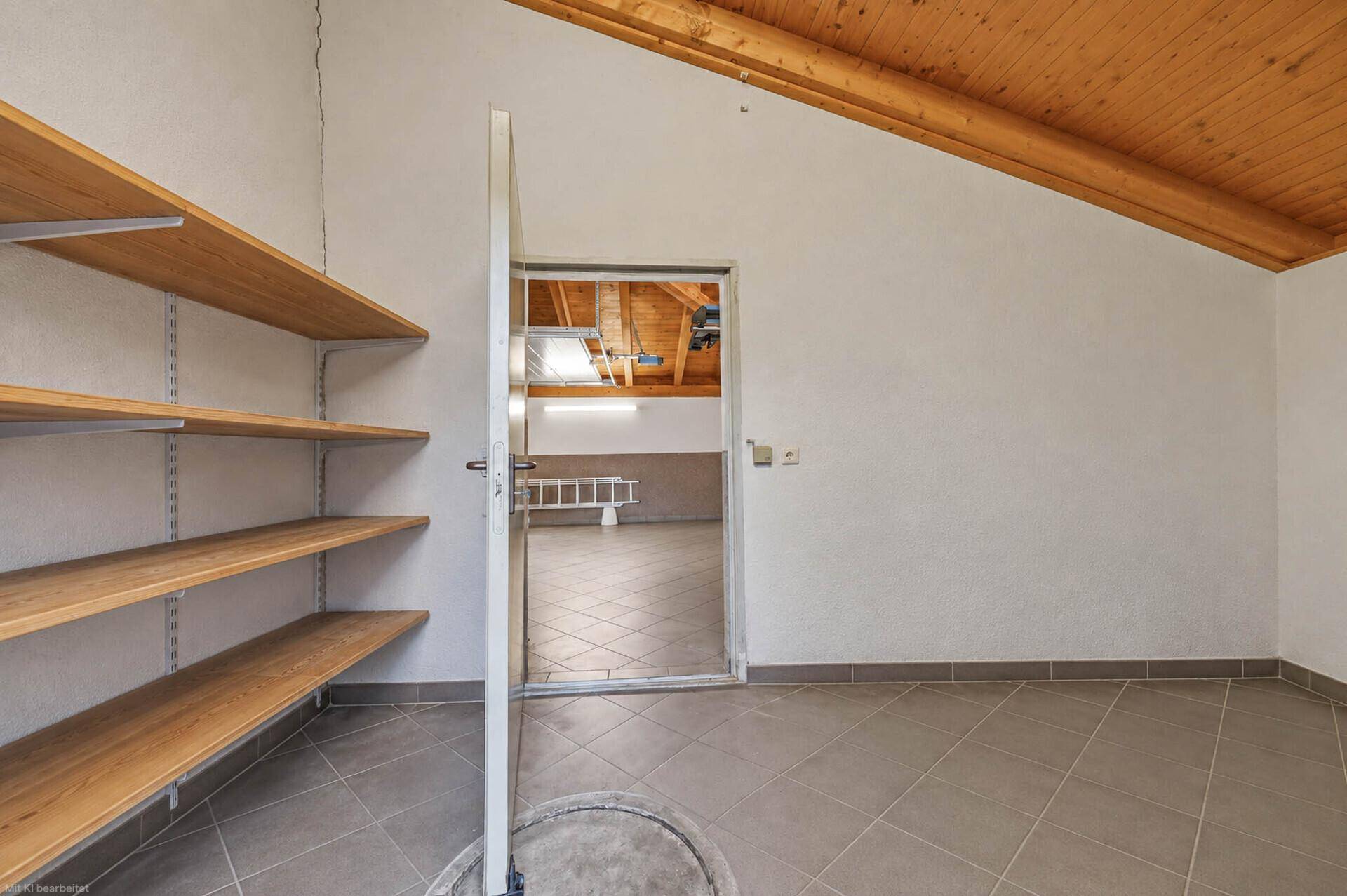 Praktischer Abstellraum mit Regalen und Zugang zu einem weiteren Raum mit Dachfenster.
