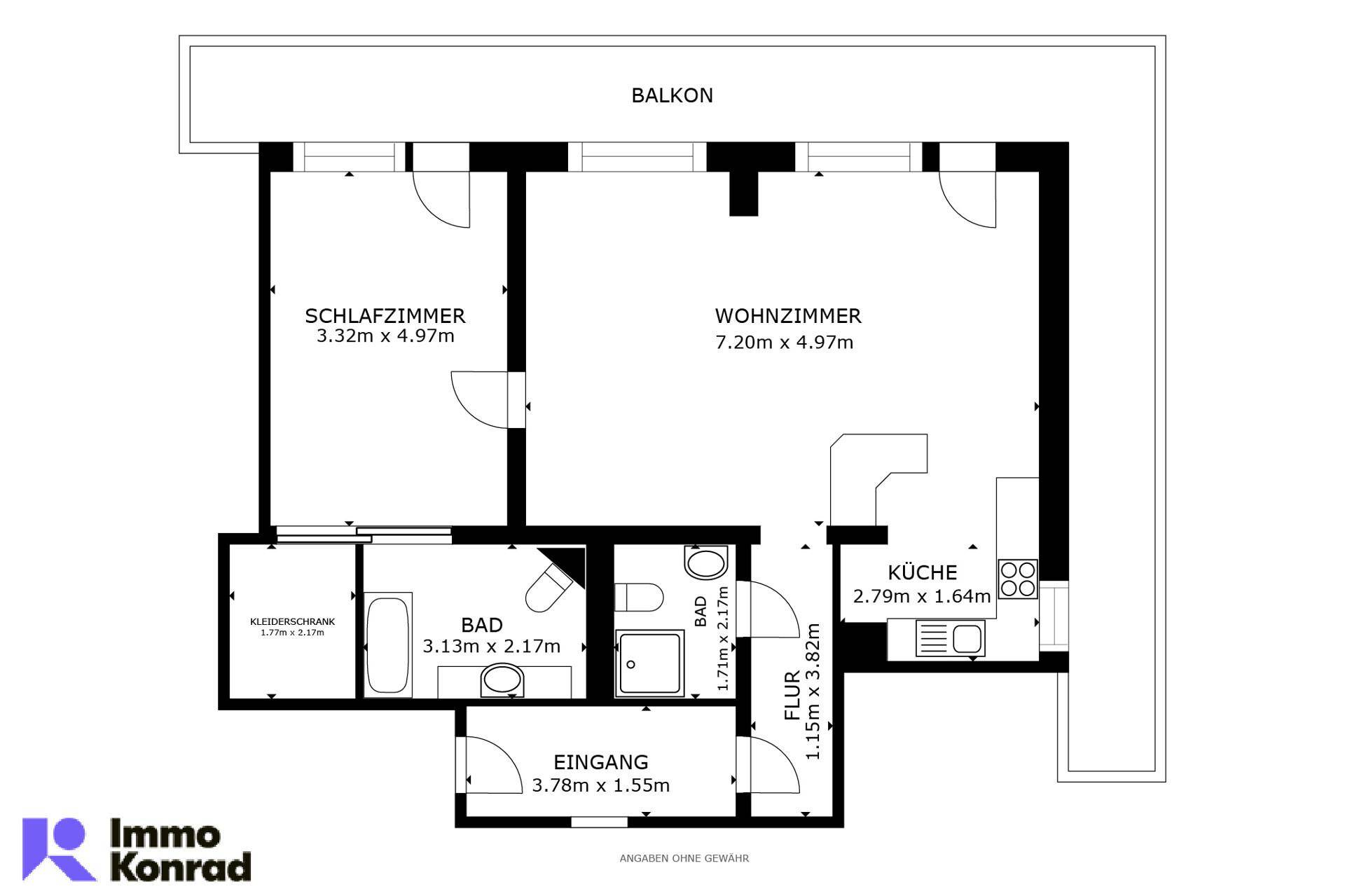 Grundriss einer Wohnung mit Schlafzimmer, Wohnzimmer, Küche und zwei Bädern.