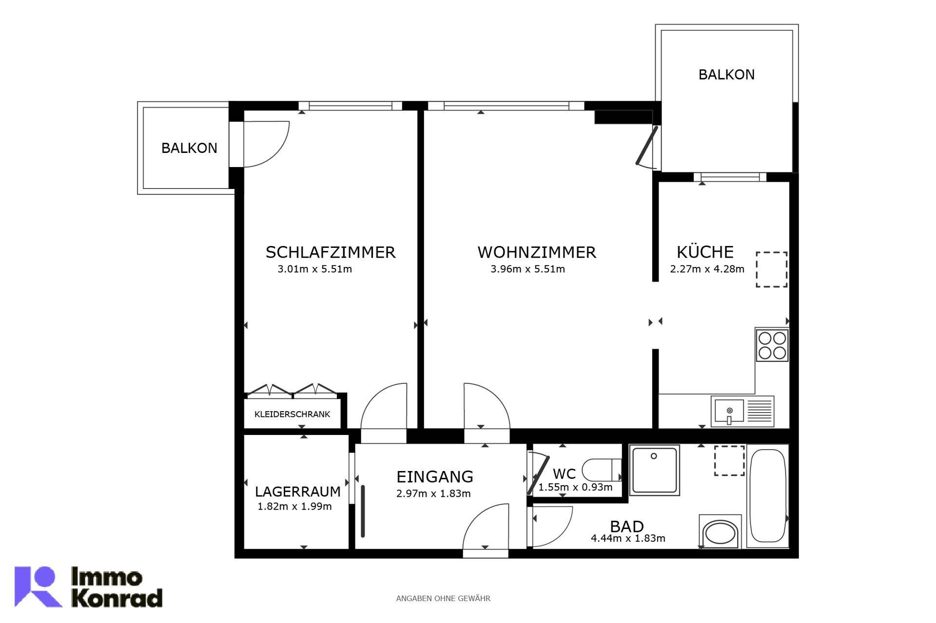 Detaillierter Grundriss einer Wohnung mit zwei Balkonen und separatem Lagerraum.