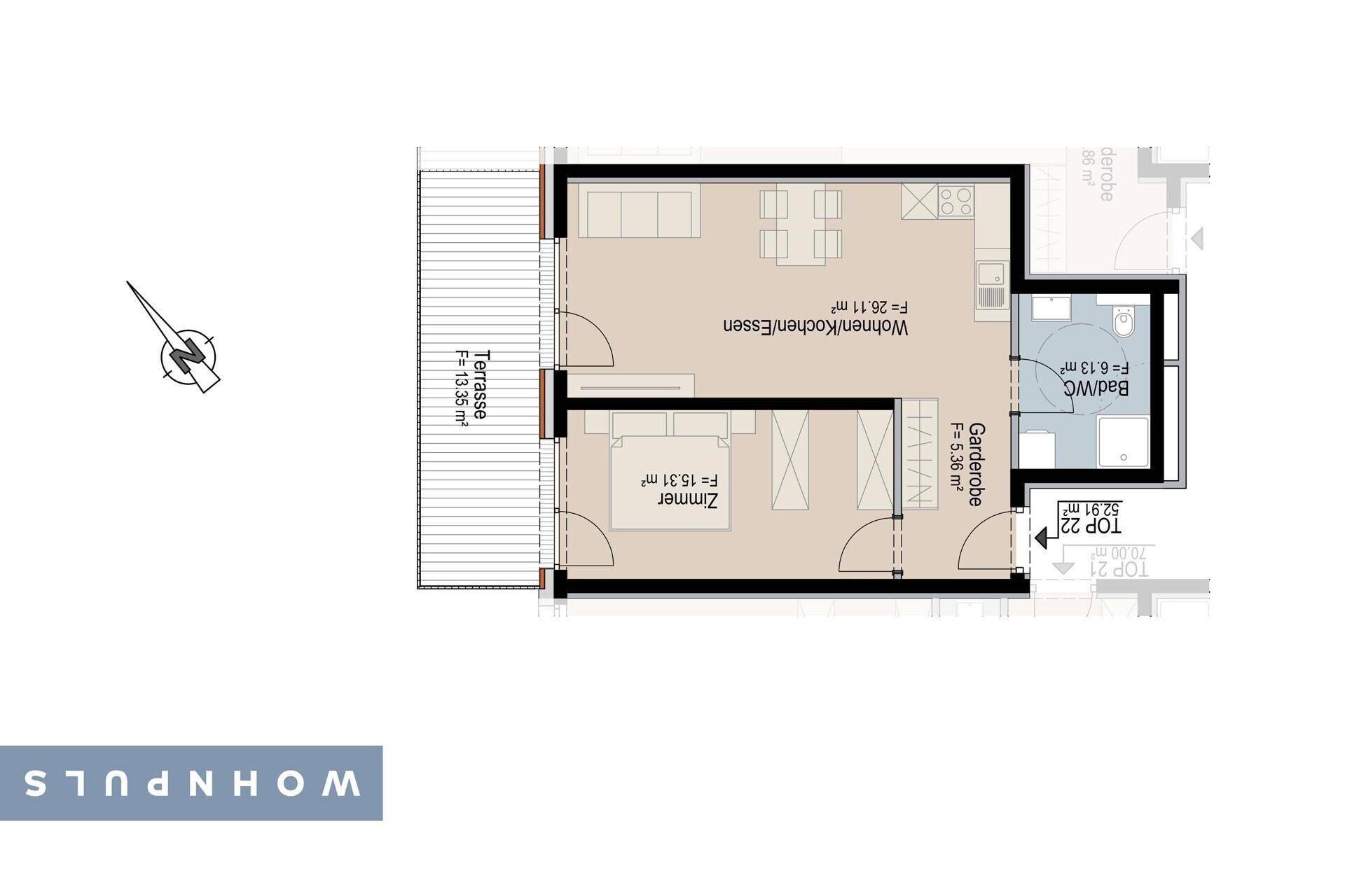 Grundriss für TOP 22 mit Wohn-/Koch-/Essbereich, Schlafzimmer, Bad/WC und Terrasse.