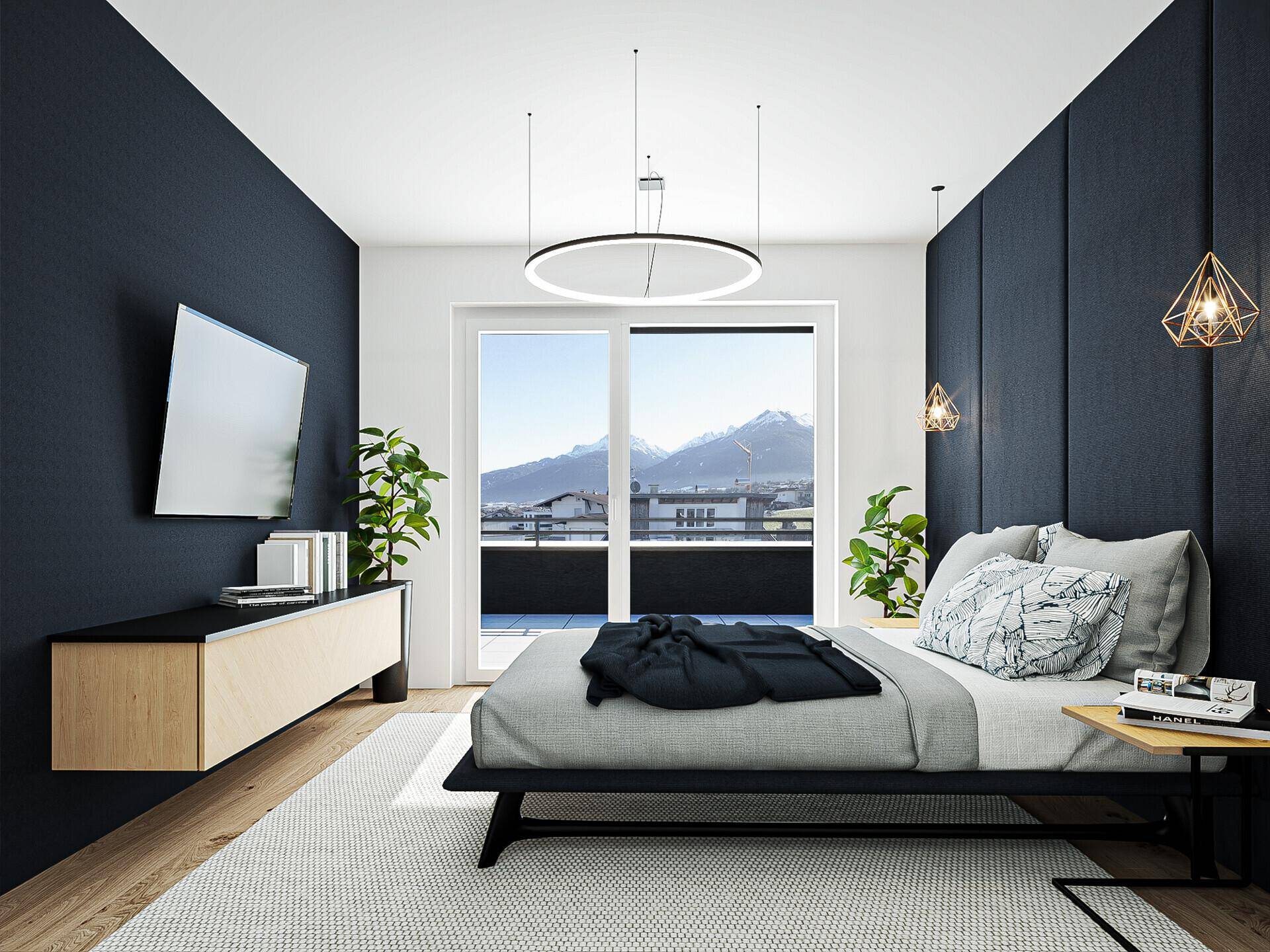 Modernes Schlafzimmer mit dunklen Akzentwänden, Balkonzugang und Bergblick.