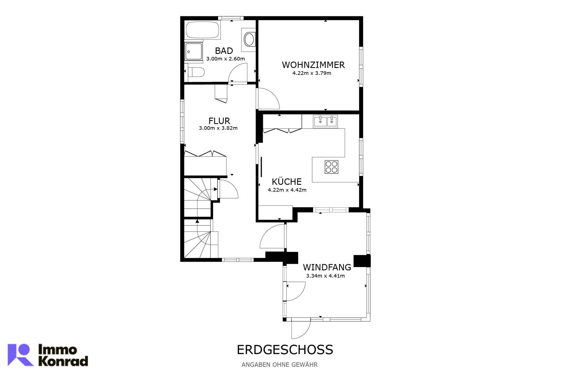 Grundriss des Erdgeschosses mit Wohnzimmer, Küche, Bad und Windfang.
