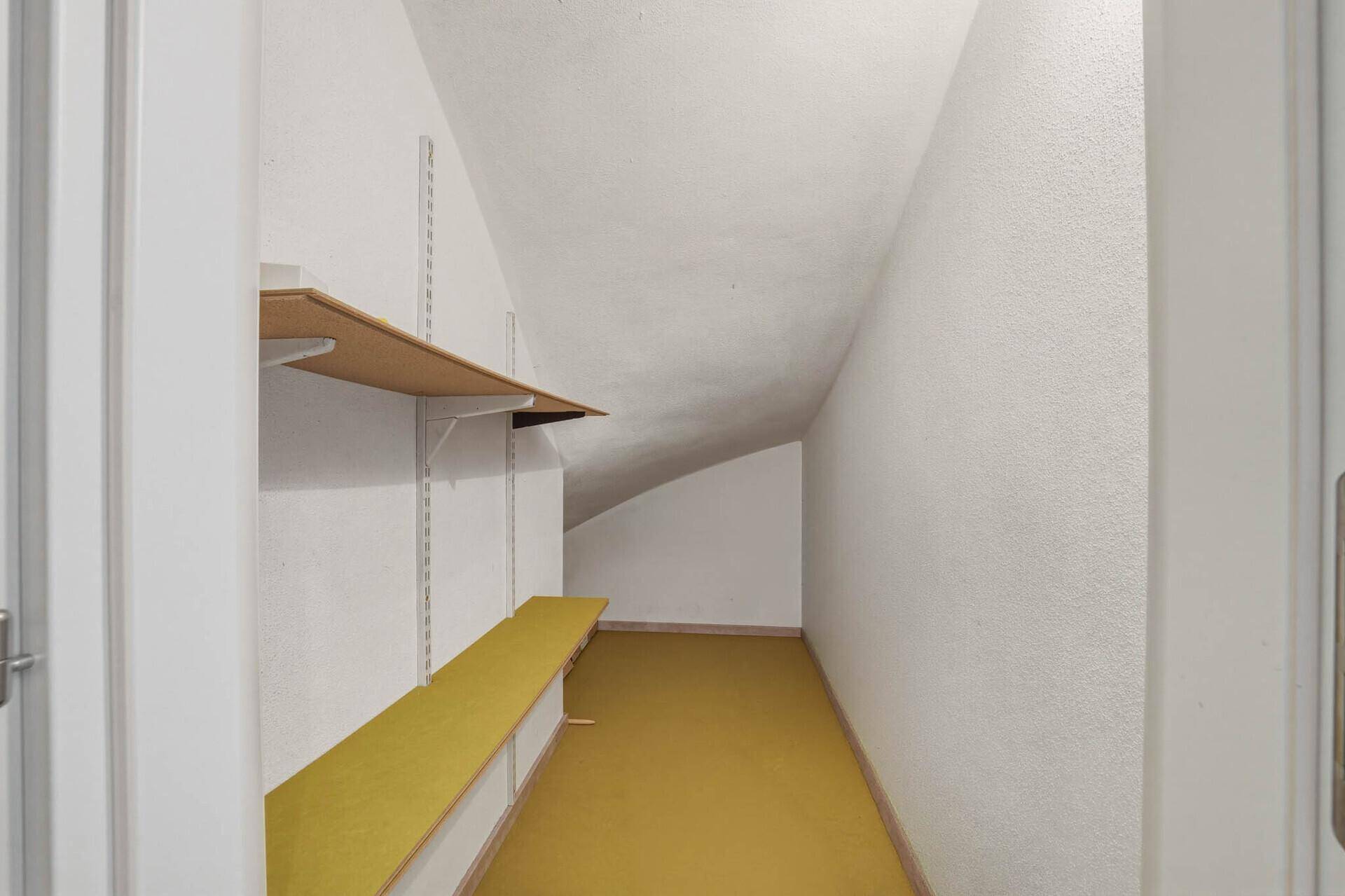 Praktischer Abstellraum mit Regalen und einer schrägen Decke, ideal für zusätzlichen Stauraum.