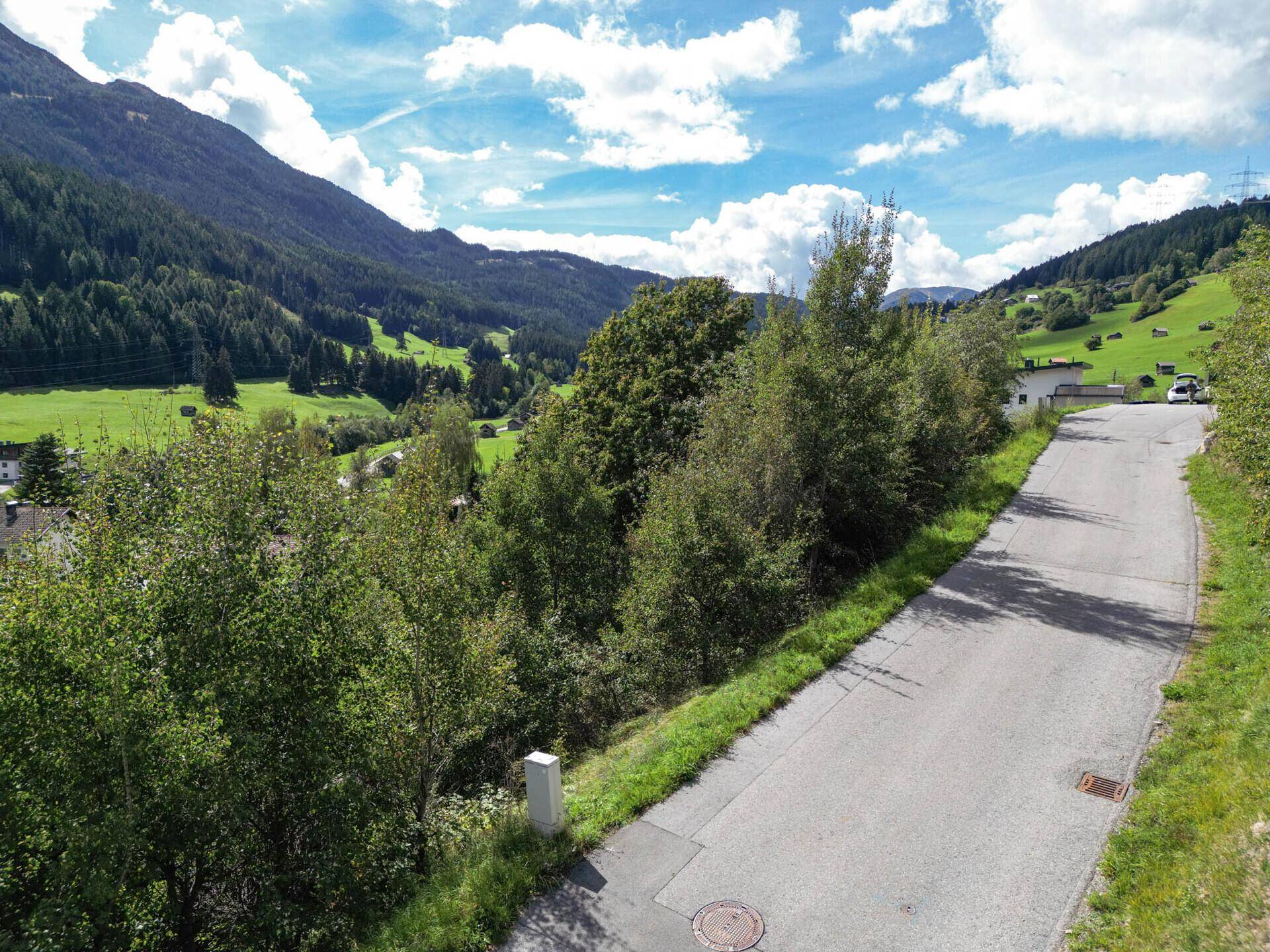 Eine kurvige Landstraße schlängelt sich durch grüne Hänge mit Bäumen und bietet einen Blick ins Tal.