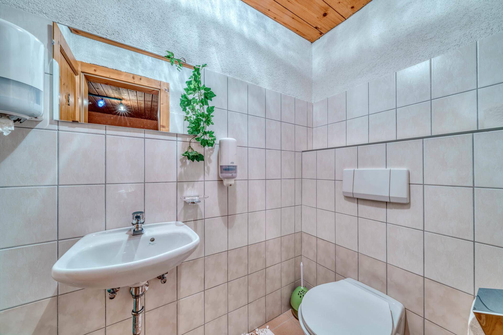 Kleines WC mit Waschbecken, Spiegel und hellen Fliesen, funktional und sauber.