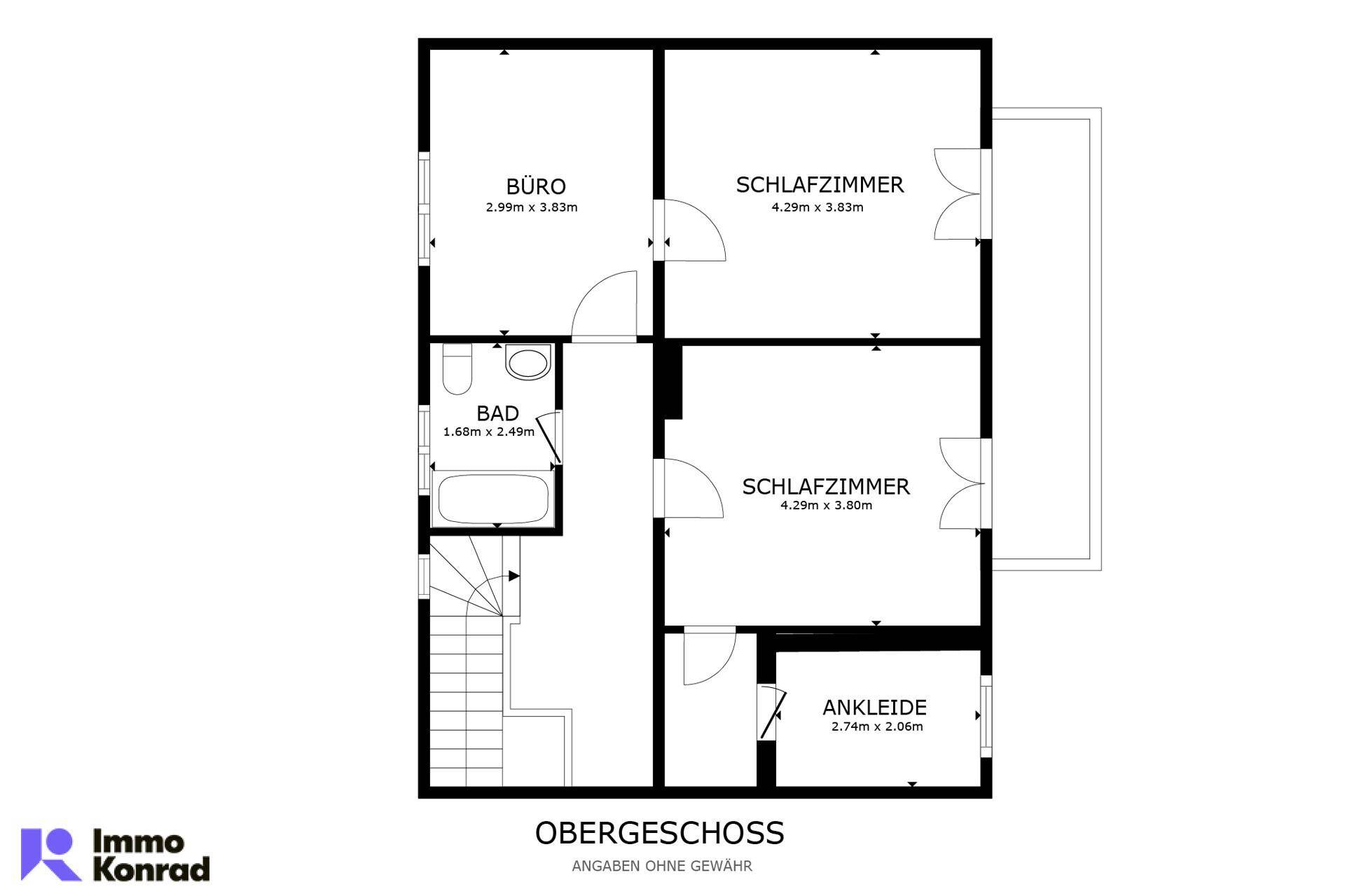 Grundriss des Obergeschosses mit zwei Schlafzimmern, Büro, Bad und Ankleidezimmer.