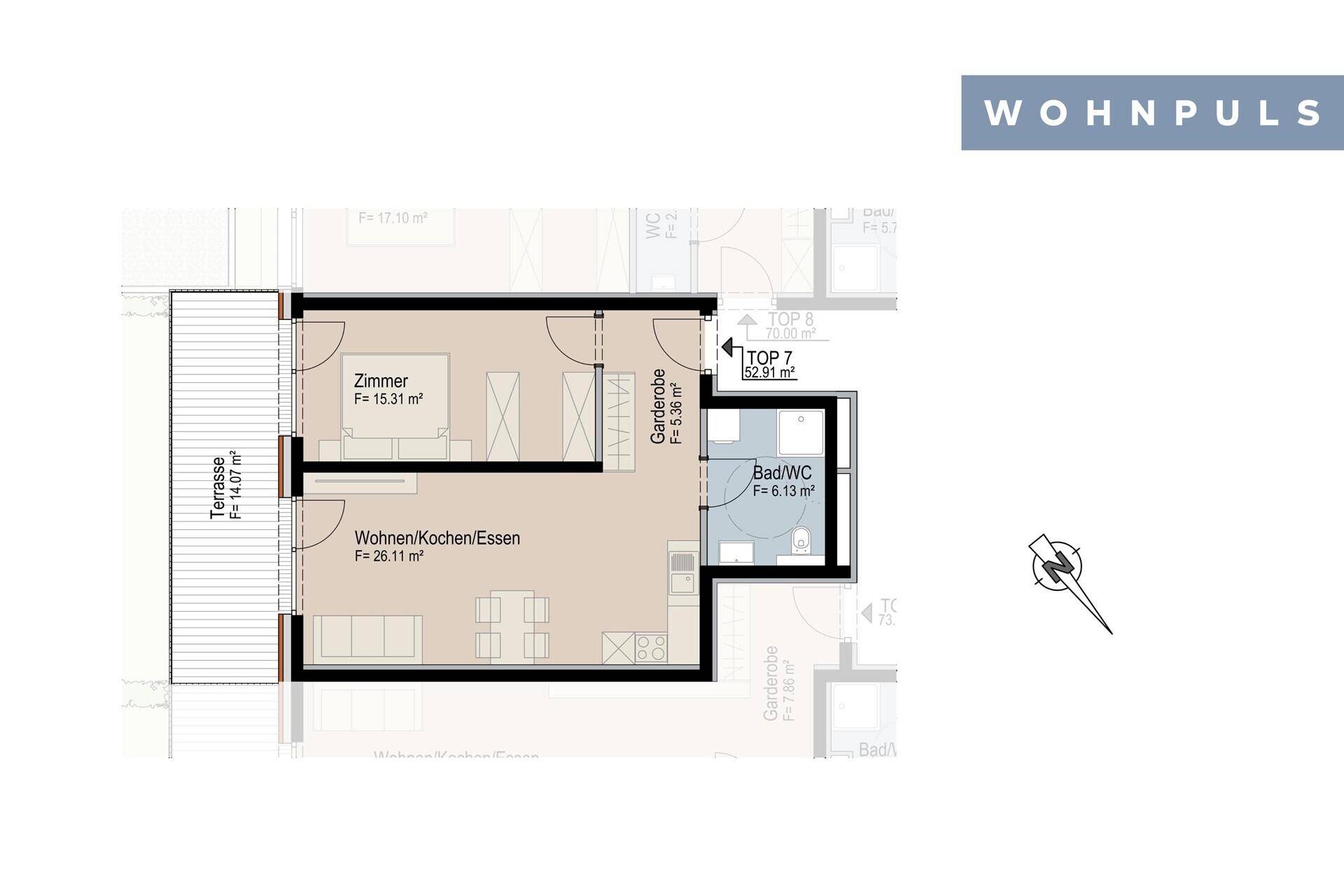 Grundriss einer Wohnung mit einem Zimmer, Wohn-/Koch-/Essbereich und Terrasse.