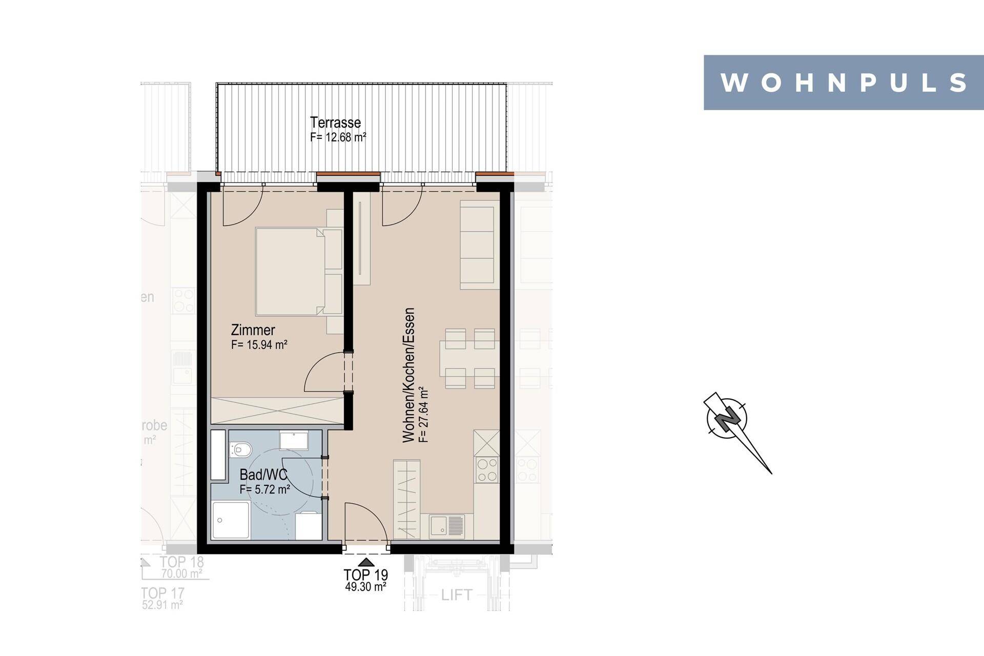 Grundriss einer Wohnung mit einem Schlafzimmer, offenem Wohnbereich und Terrasse.