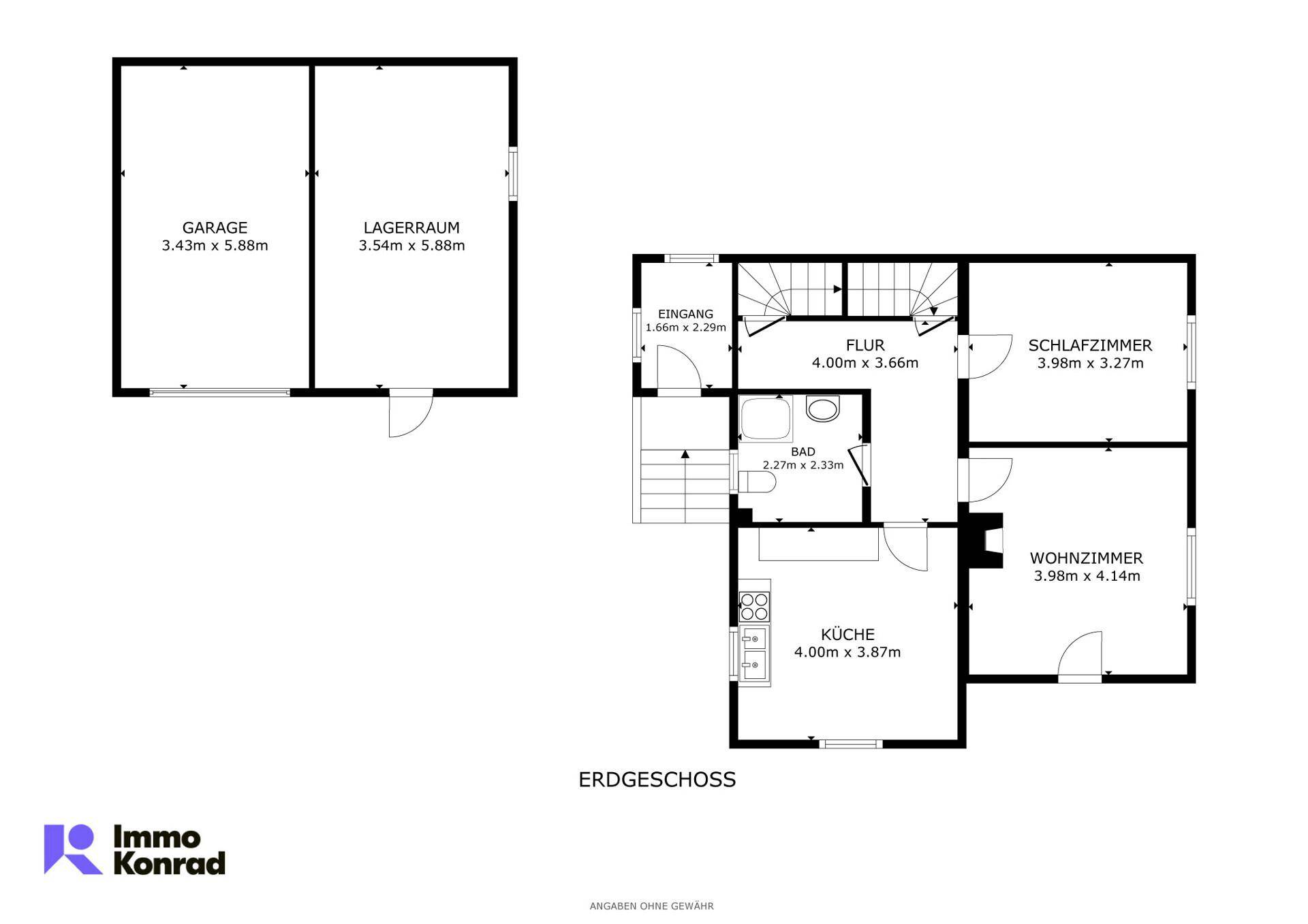 Grundriss des Erdgeschosses mit Küche, Wohnzimmer, Schlafzimmer, Bad und separater Garage.