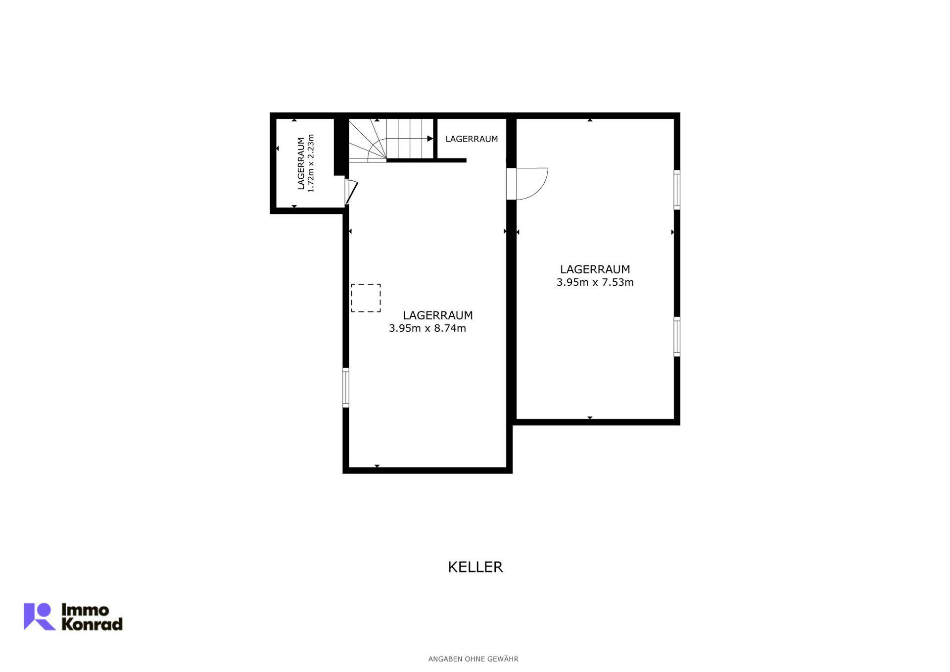 Grundriss des Kellers mit mehreren Lagerräumen und Zugang über eine Treppe.