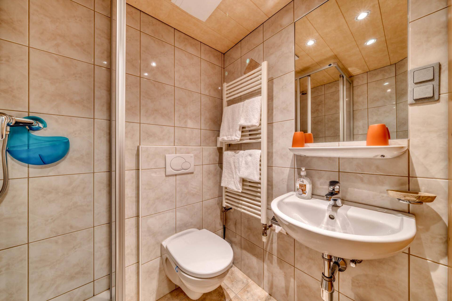 Kleines Badezimmer mit Dusche, WC und Waschbecken, komplett gefliest.