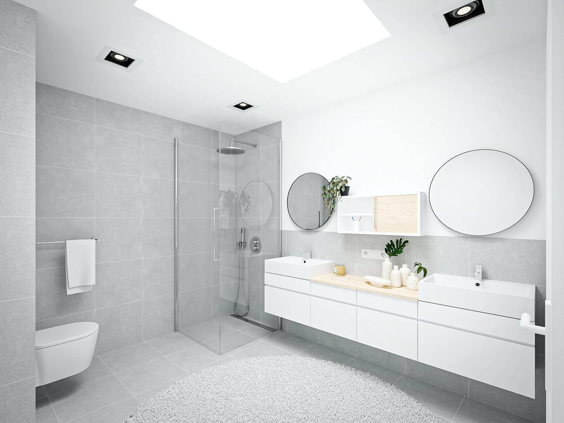 Modernes Badezimmer mit doppelten Waschbecken, großer begehbarer Dusche und hellen Fliesen.