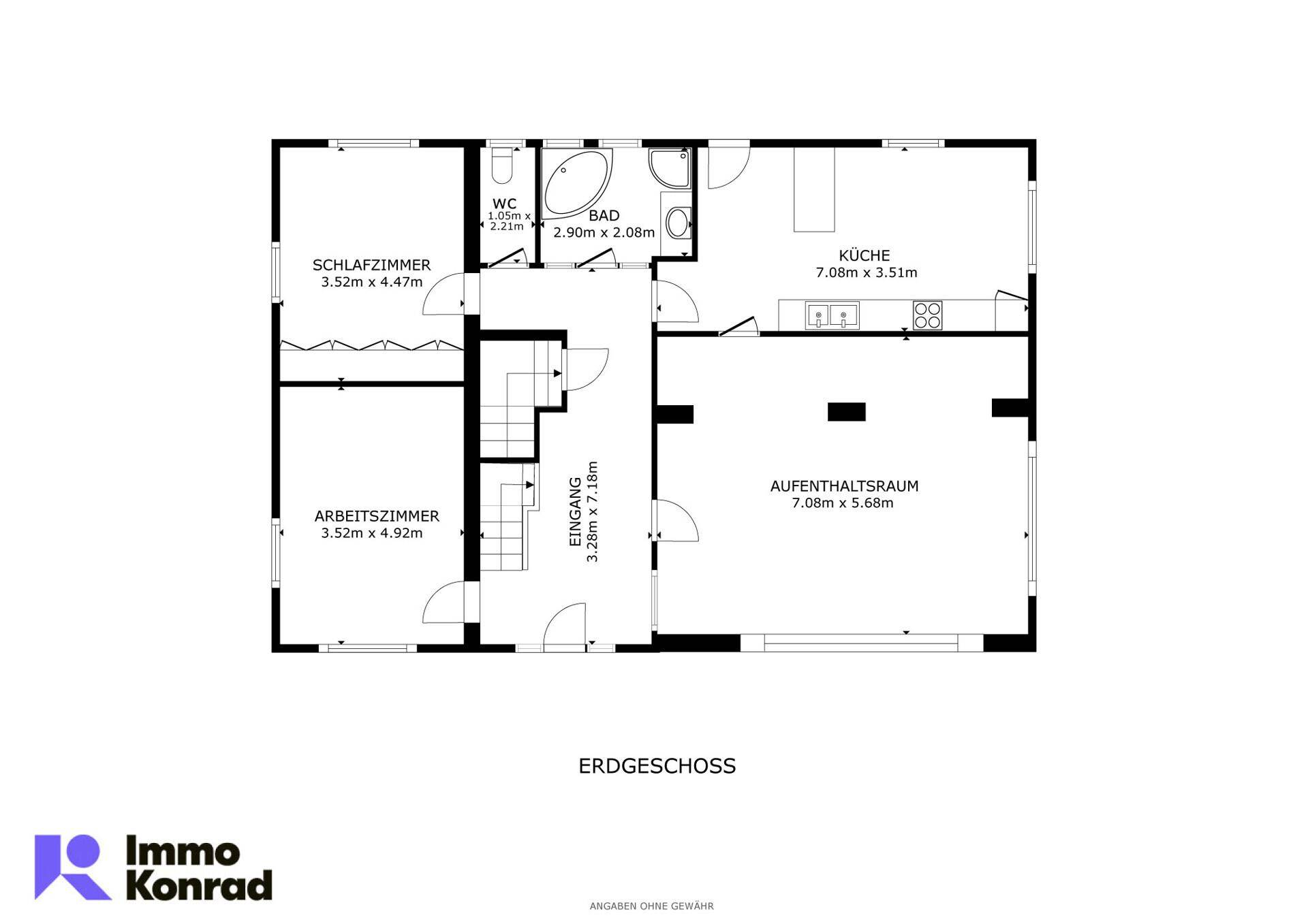Grundriss des Erdgeschosses mit Schlafzimmer, Arbeitszimmer, Bad und Küche.