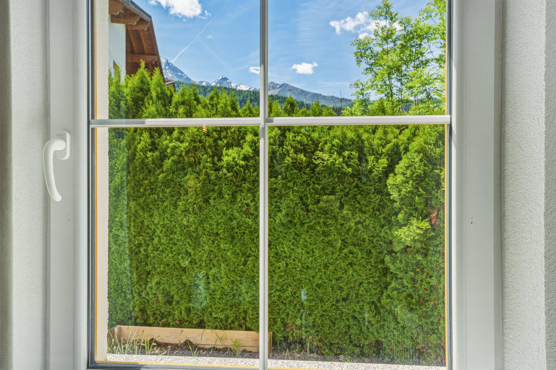 Fensterblick auf eine dichte grüne Hecke und die majestätischen Berge im Hintergrund.