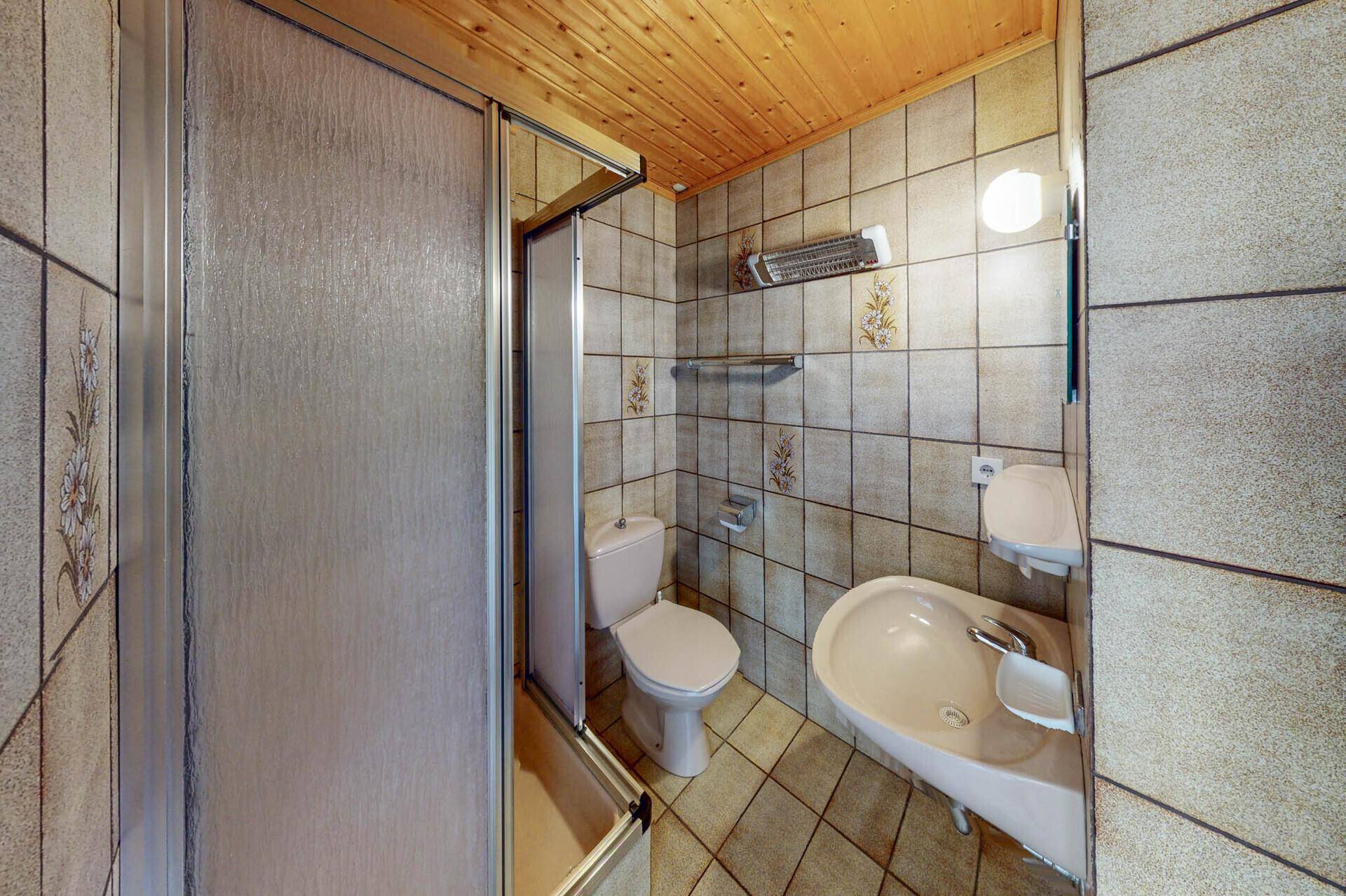 Kleines Badezimmer mit Duschkabine, WC, Waschbecken und Holzdecke.