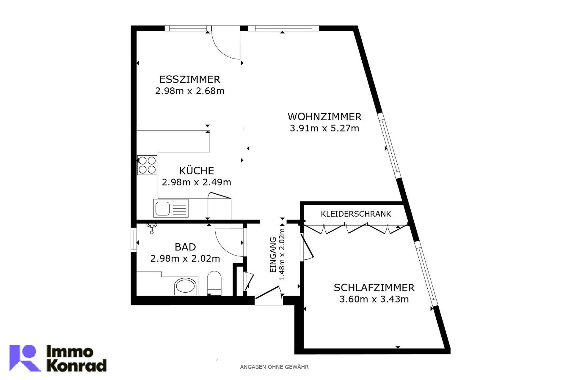 Grundriss einer Wohnung mit separatem Esszimmer, Wohnzimmer und Schlafzimmer.