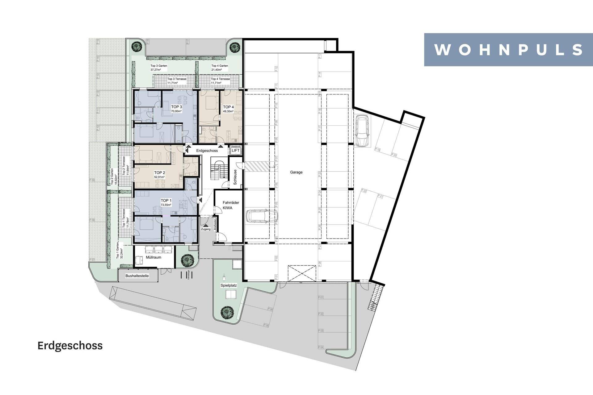 Grundriss des Erdgeschosses mit Wohnungen, Garage und Gemeinschaftsbereichen.