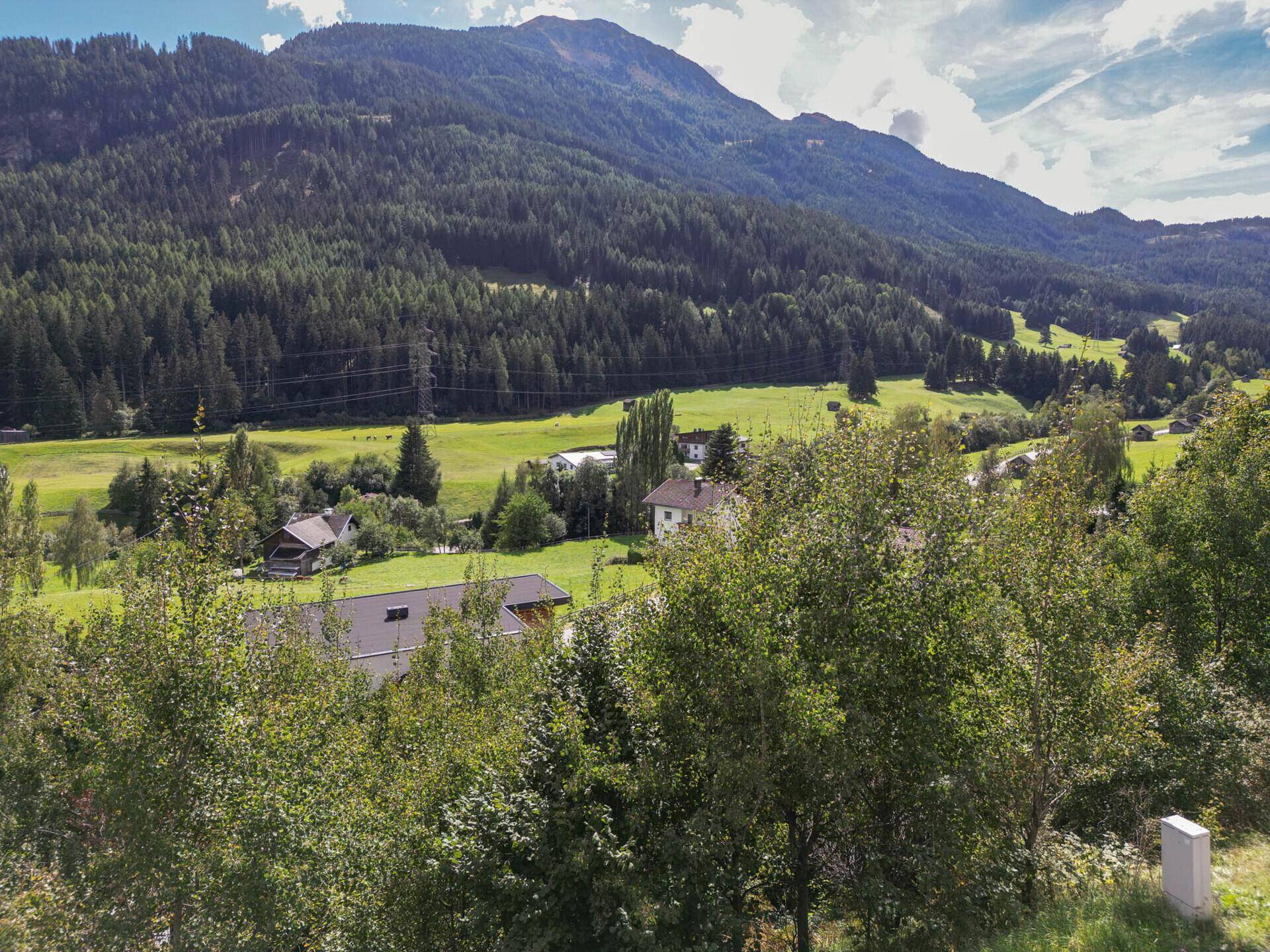 Aussicht über Baumwipfel auf weite grüne Felder, vereinzelte Häuser und bewaldete Berghänge.