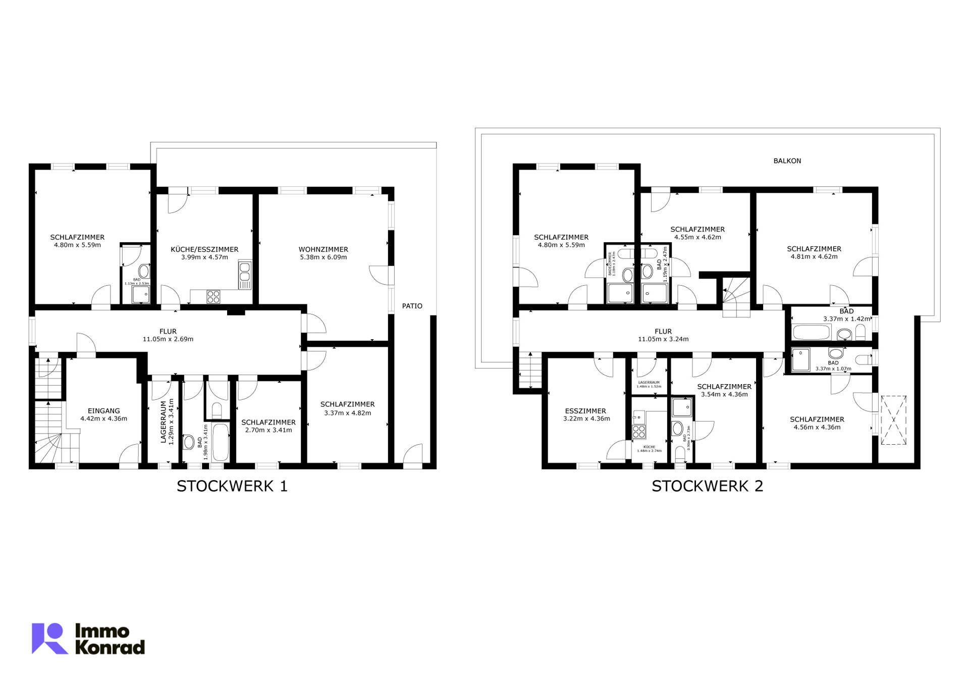 Grundrisspläne für Stockwerk 1 und Stockwerk 2 mit Schlafzimmern und Wohnbereichen.