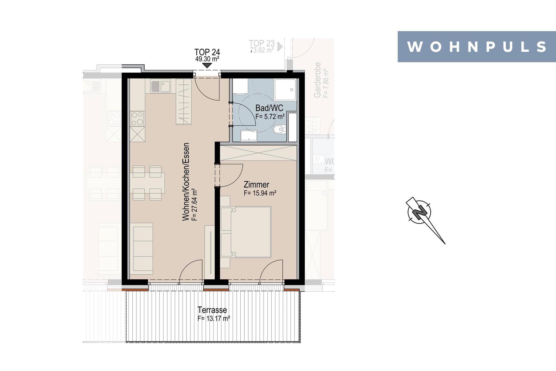 Grundriss einer Wohnung mit einem Schlafzimmer, offenem Wohnbereich und Terrasse.