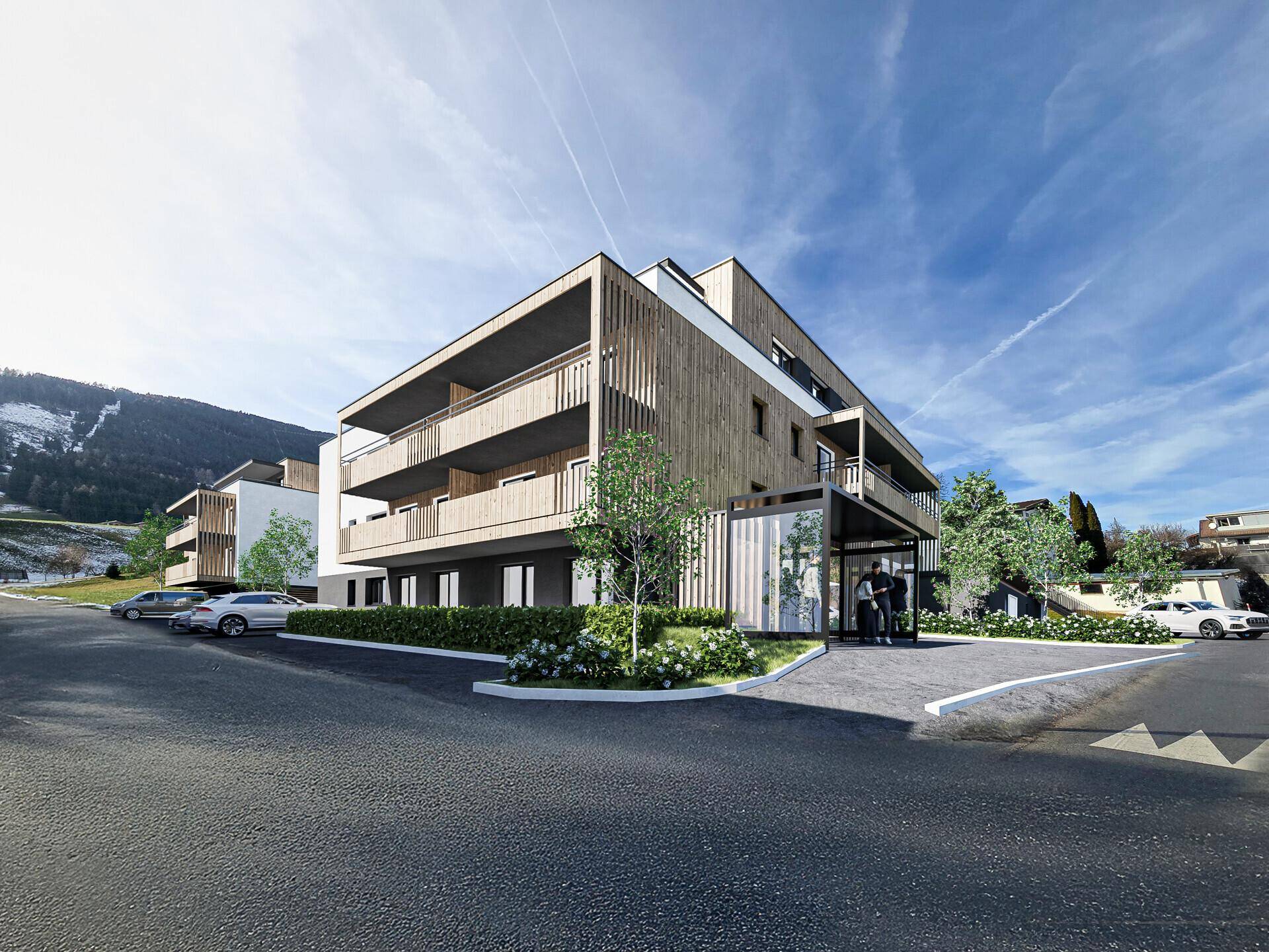 Moderne Architektur mit Holzfassade, Balkonen und großzügigen Fensterfronten.