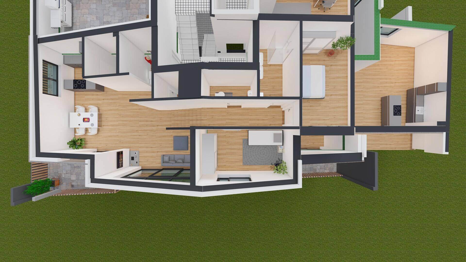 Detaillierter Grundriss zeigt ein offenes Wohnkonzept mit Küche, Essbereich, Wohnzimmer, mehreren Bädern und Zugang zu Terrasse und Patio.