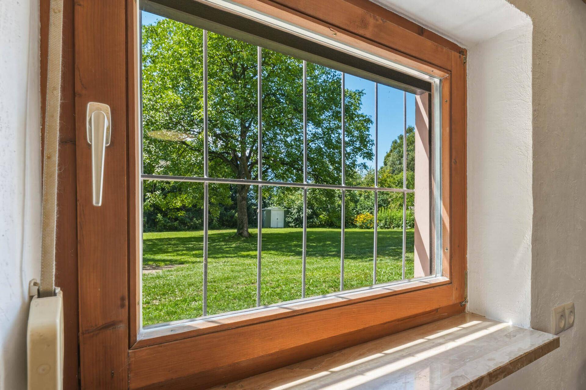 Blick aus einem Fenster mit Gitterstäben auf einen grünen Rasen und einen Gartenschuppen.