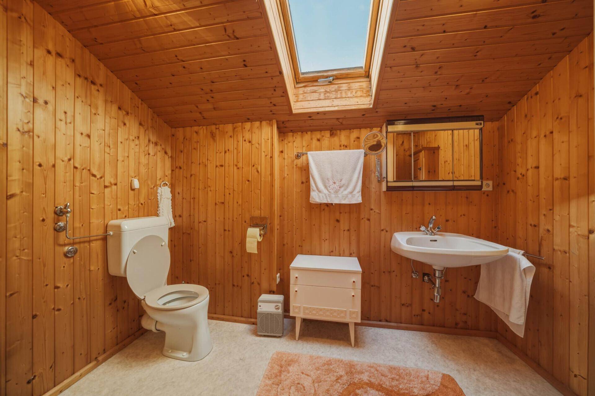 Badezimmer mit Holztäfelung, Dachfenster, WC und Waschbecken.