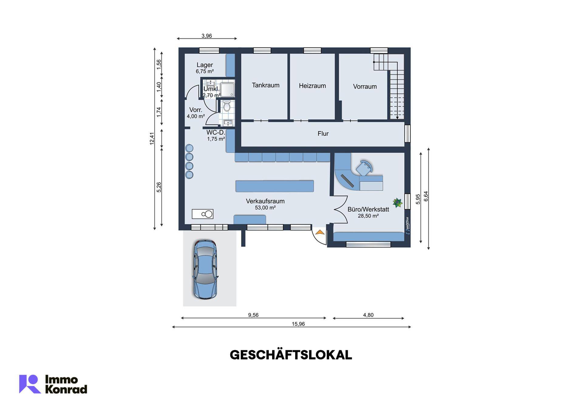 Grundriss für ein Geschäftslokal mit Verkaufsraum, Büro und Lagermöglichkeiten.