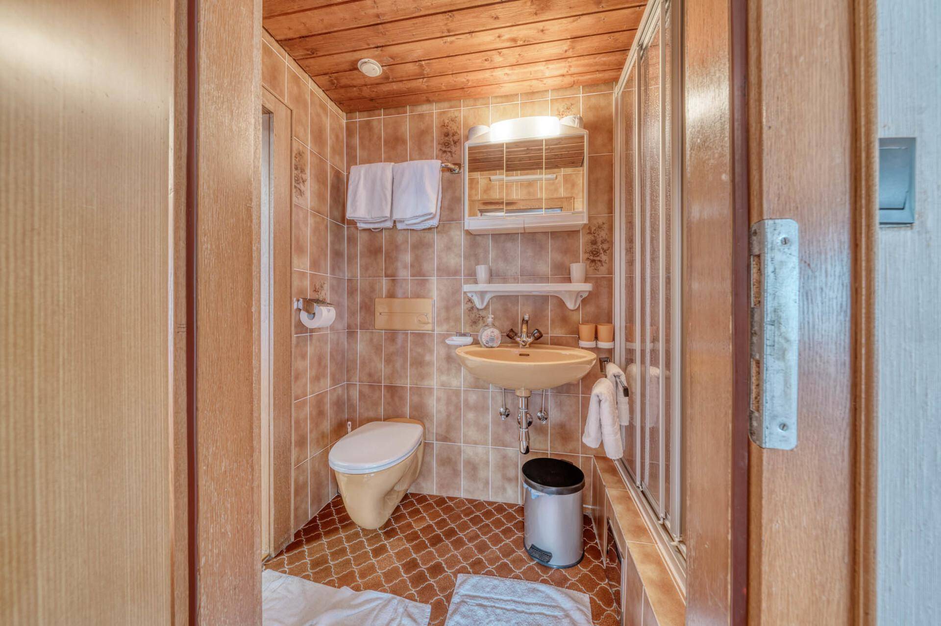 Kleines Badezimmer mit braunen Fliesen, Waschbecken, Toilette und Duschkabine.