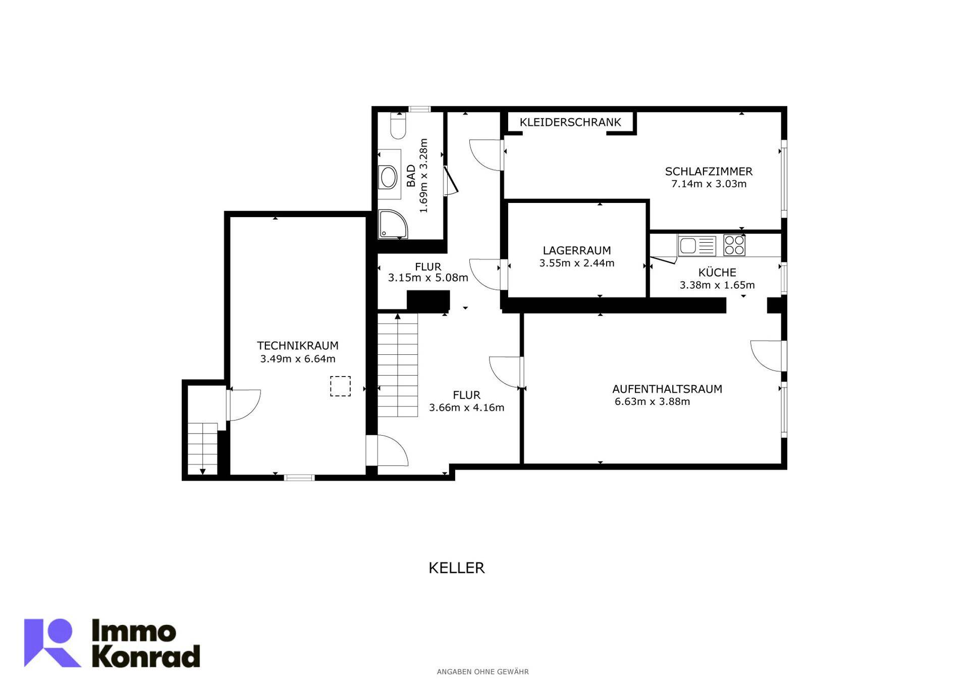 Grundriss des Kellers mit Technikraum, Lagerraum und Schlafzimmer.