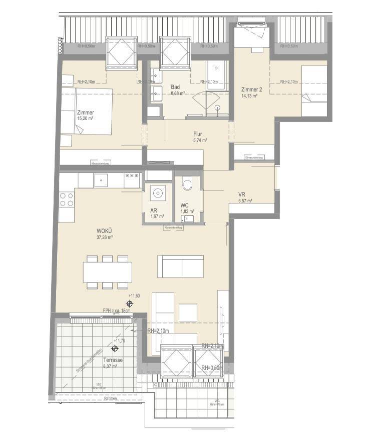 Grundriss einer modernen Wohnung mit offener Wohnküche, zwei Schlafzimmern und Terrasse.