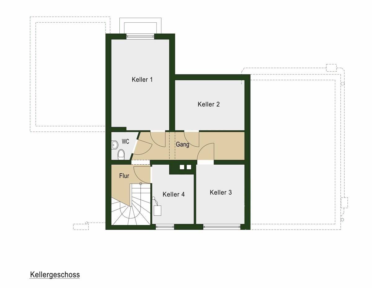 Grundriss des Kellergeschosses mit mehreren Kellerräumen und einem separaten WC.