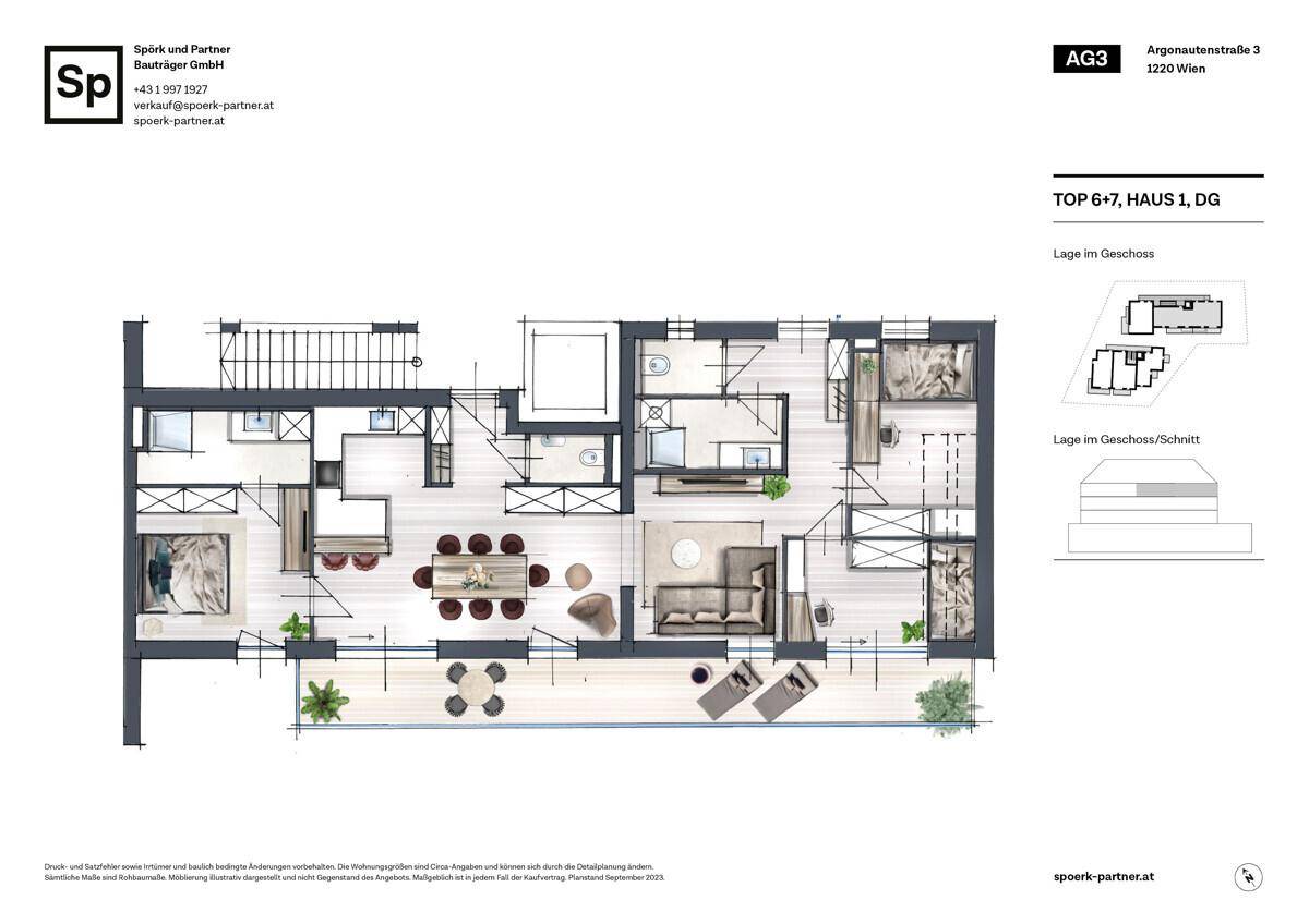 Detaillierter Grundriss einer Wohnung mit mehreren Zimmern, Balkon und offenem Wohnbereich.