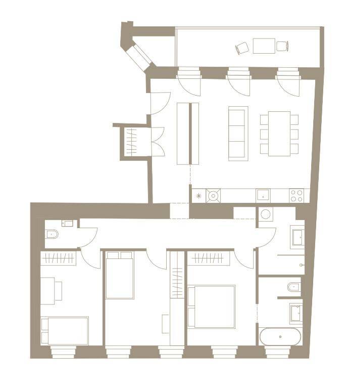 Grundriss einer Wohnung mit drei Schlafzimmern, offenem Wohnbereich und zwei Bädern.