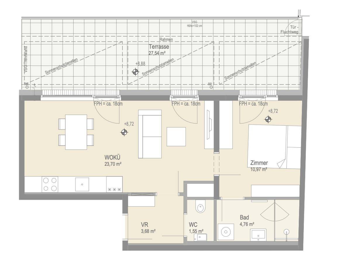 Grundriss einer Wohnung mit offener Wohnküche, Schlafzimmer, Bad und großer Terrasse.