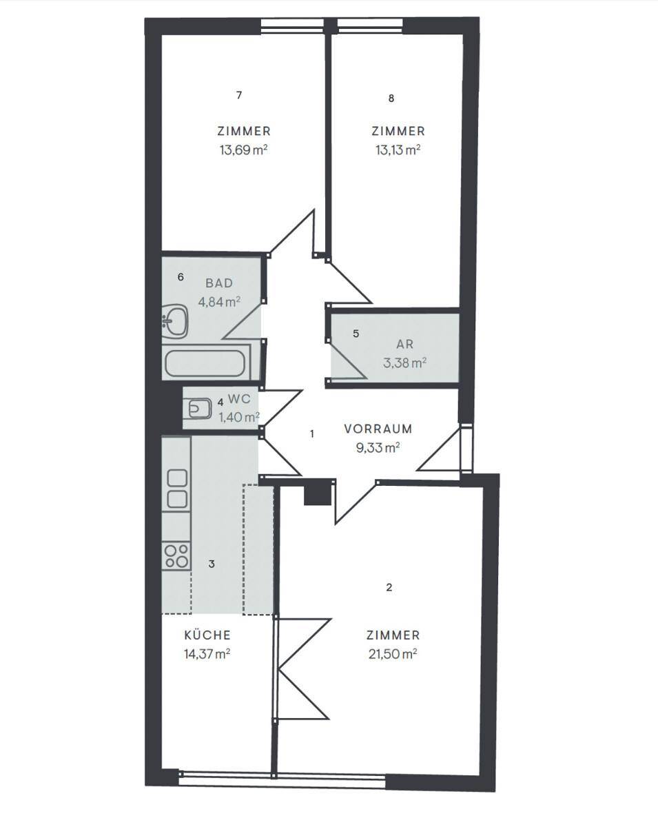 Grundriss einer Wohnung mit drei Zimmern, Küche, Bad und separatem WC.
