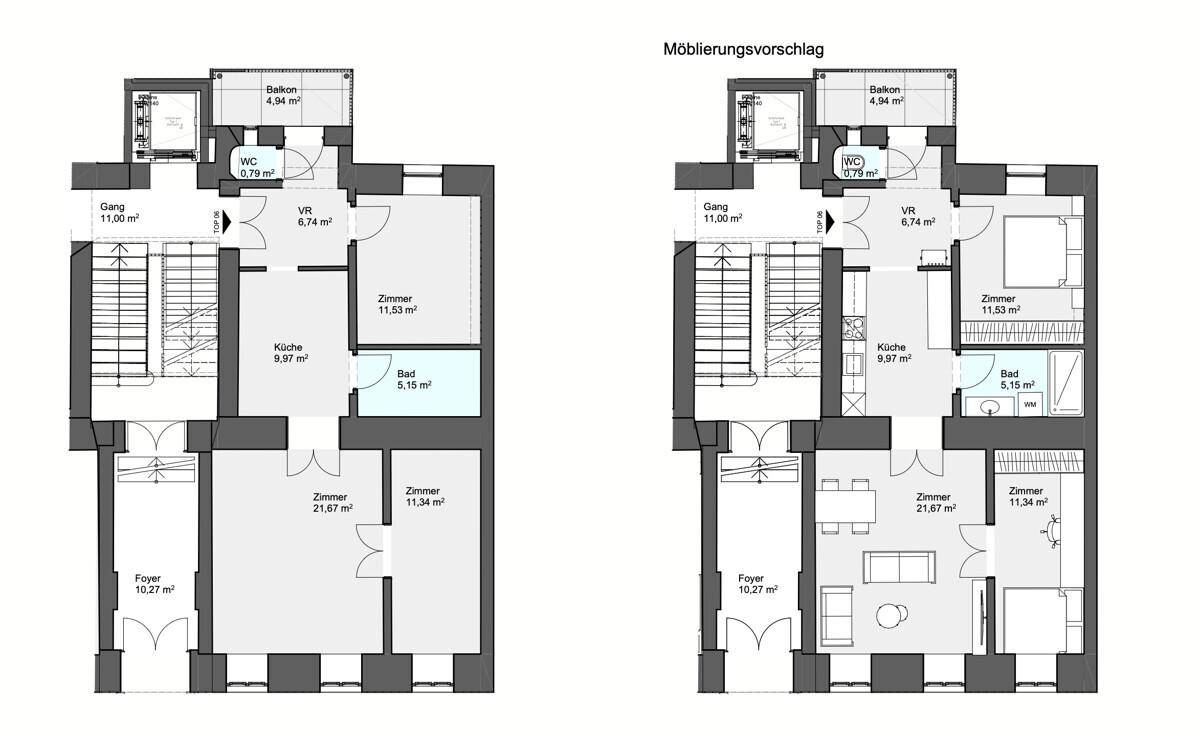 Grundriss einer Wohnung mit zwei Gestaltungsvarianten, inklusive Balkon, separatem WC und Bad.